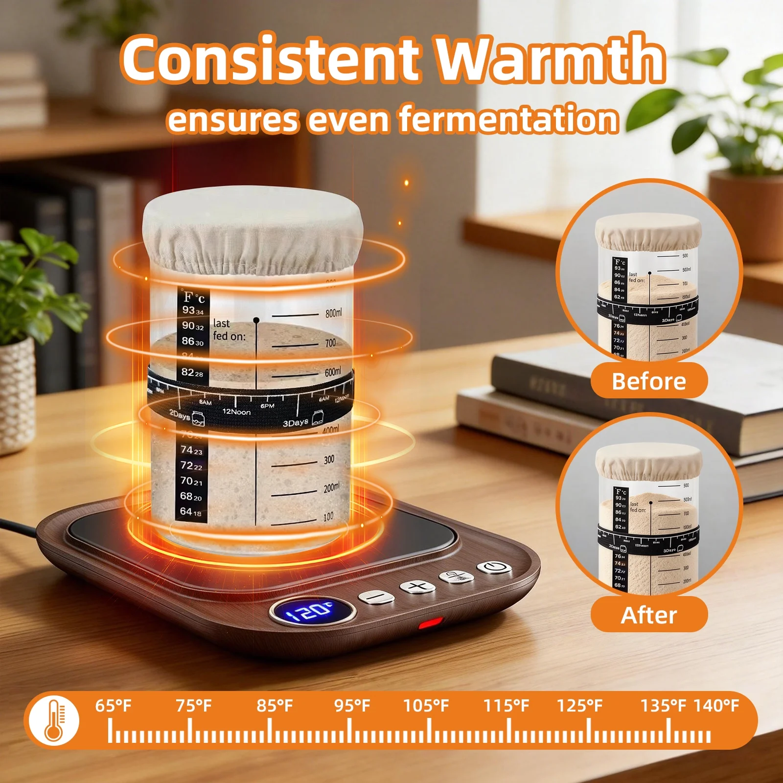 Sourdough Starter Warmer Mat for Jars up to 40 oz with Temp Memory Function & Precise 1°F Thermostat Control (65-140°F), Sourdough Warming Mat for Home Baking with 24H Timer (Wood Grain)