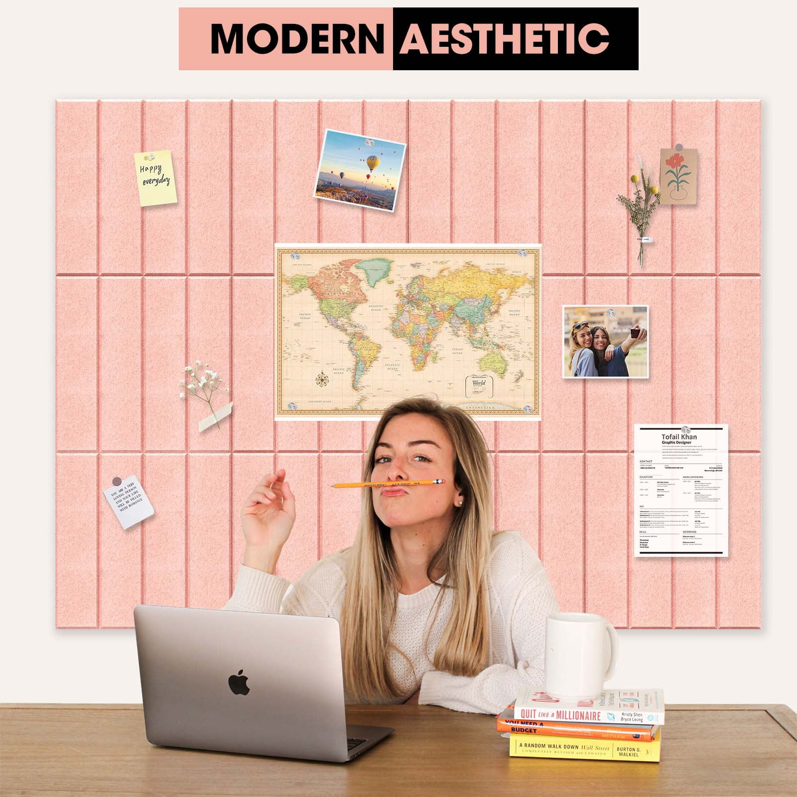 MYMULIKE 48" x 36" Large Pink Felt Bulletin Board, 12 Pack Cork Board Alternative with Adhesive Tabs for Wall & Room Decor,Home Office,Classroom Dorm