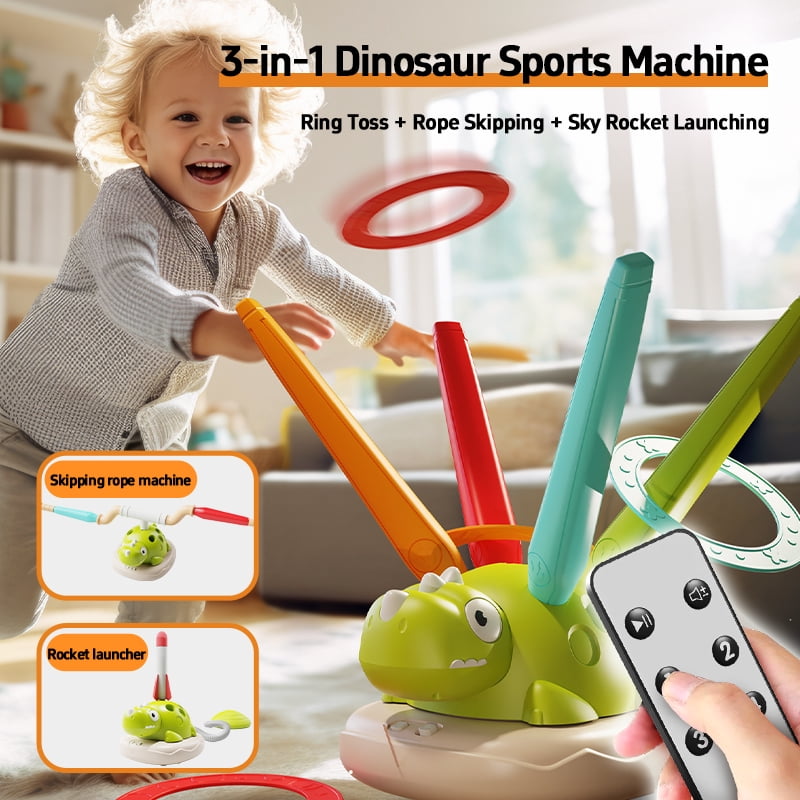 MYMULIKE 3-in-1 Dinosaur Musical Jumping Game, Toss Ring and Rocket Launcher with Remote Control, Kids Outdoor Indoor Toy Ages 3-8, No Battery