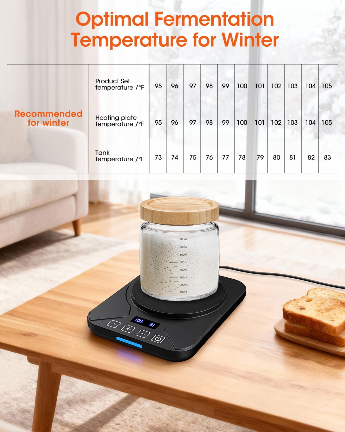 Sourdough Starter Warmer Mat, 24-Hour Timer, Precise 1°F Thermostat Control (70-100°F), Smart Memory Warming On/Off, Fits Jars Up to 40oz, Perfect for Home Baking (Black)