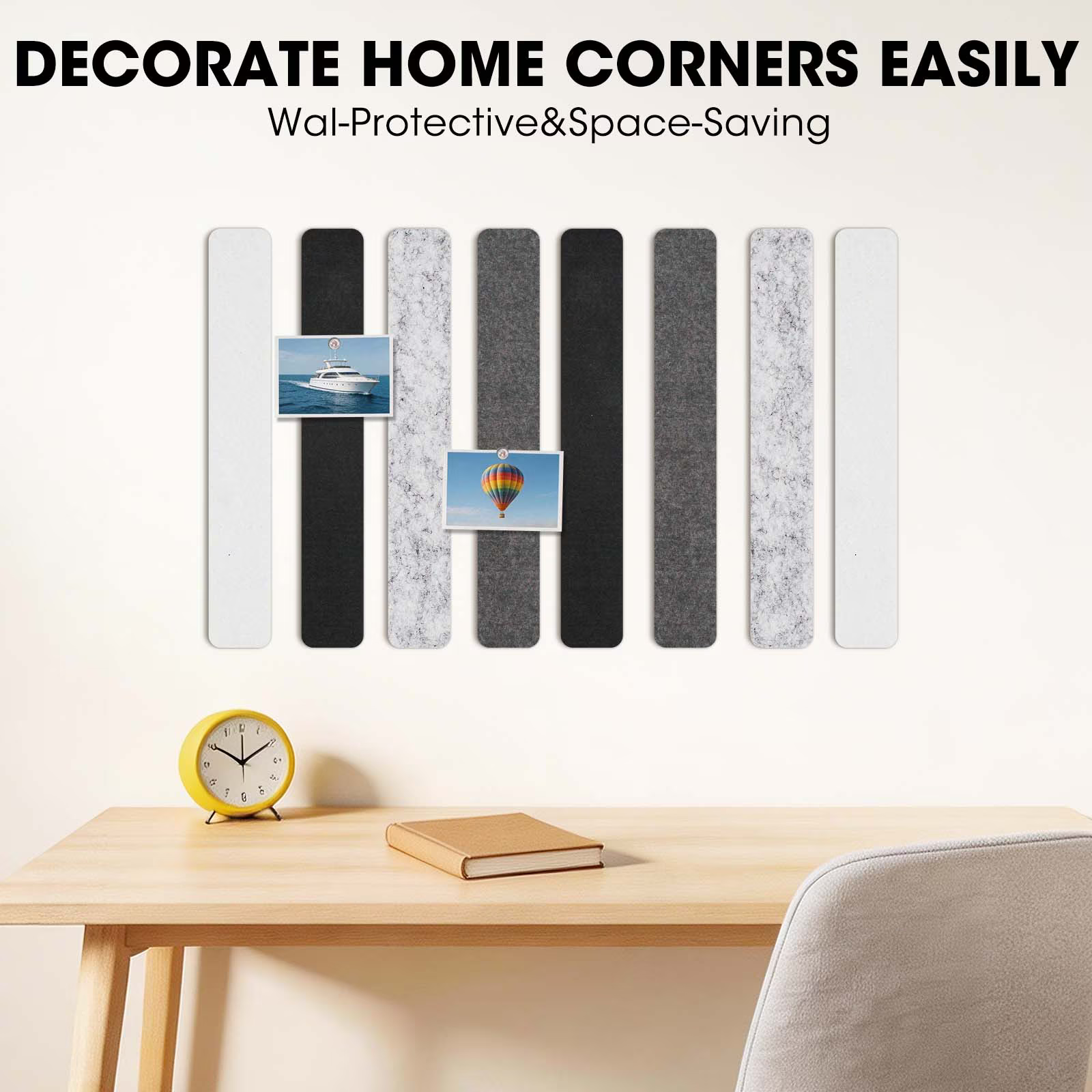 Cork Board Alternative Felt Strip Board 8-Pack 13"x2", Office Pin Board with 40 Push Pins, Adhesive Install for Bedroom Door & Home Office(Concrete Echo)