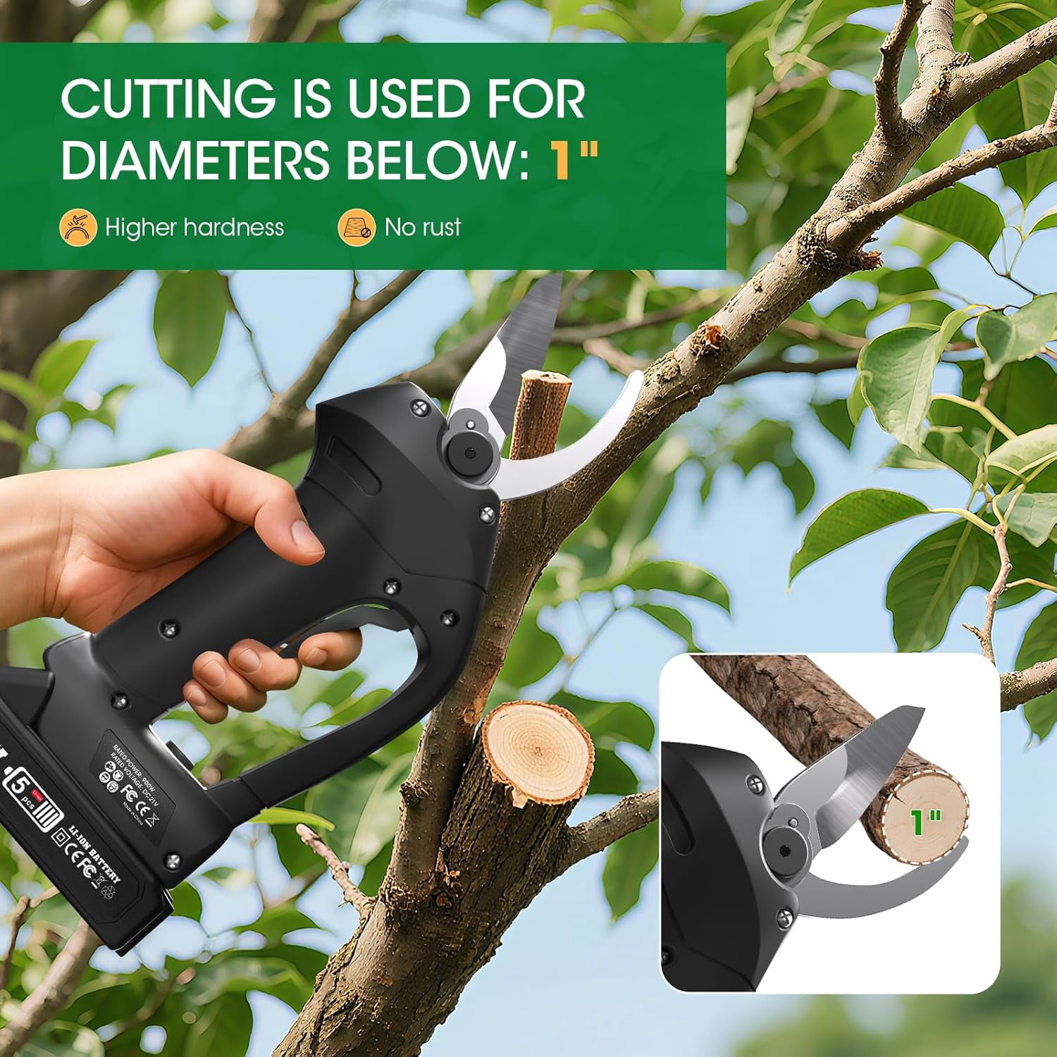 MYMULIKE Electric Pruning Shears, Pruning Shears for Gardening, Portable Cordless Electric Pruner Suitable and Adjustable Cutting Diameter 1 Inch for Gardens, Farms (Included 2Pcs Battery)