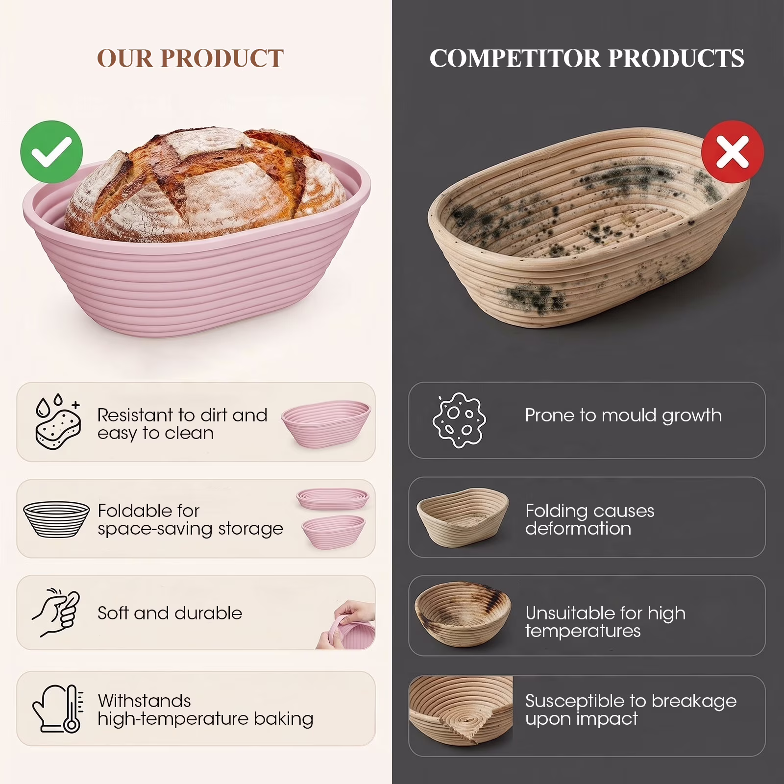 4Pcs Oval Silicone Banneton Bread Proofing Baskets, Mini Collapsible Sourdough Bread Baking Supplies Non-Stick Oval Dough Proofing Bowl Containers Oven Safe for Homemade Bread Making-BPA Free