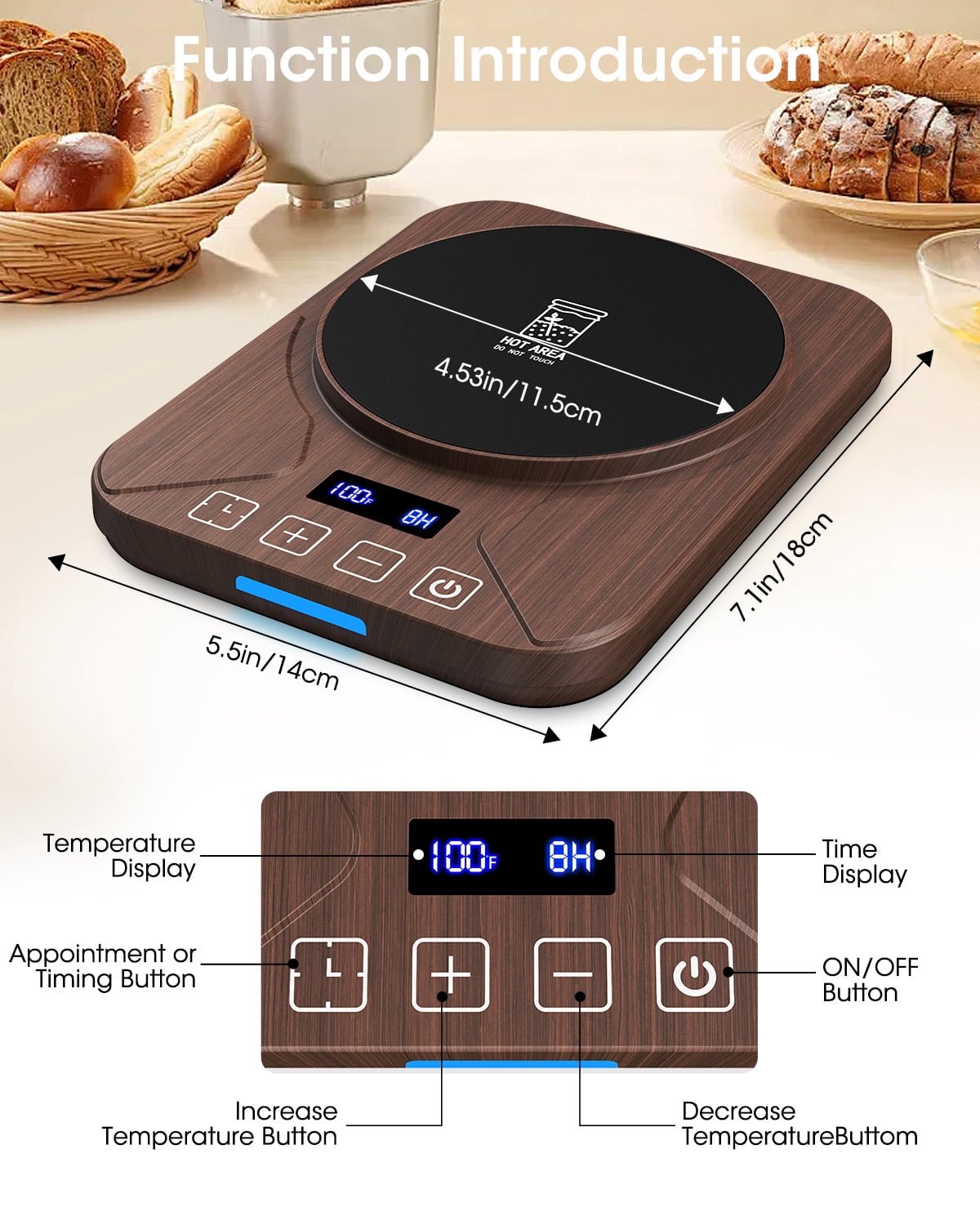 Sourdough Starter Warmer Mat, 24-Hour Timer, Precise 1°F Thermostat Control (70-100°F), Smart Memory Warming On/Off, Fits Jars Up to 40oz, Perfect for Home Baking (Wood Grain)