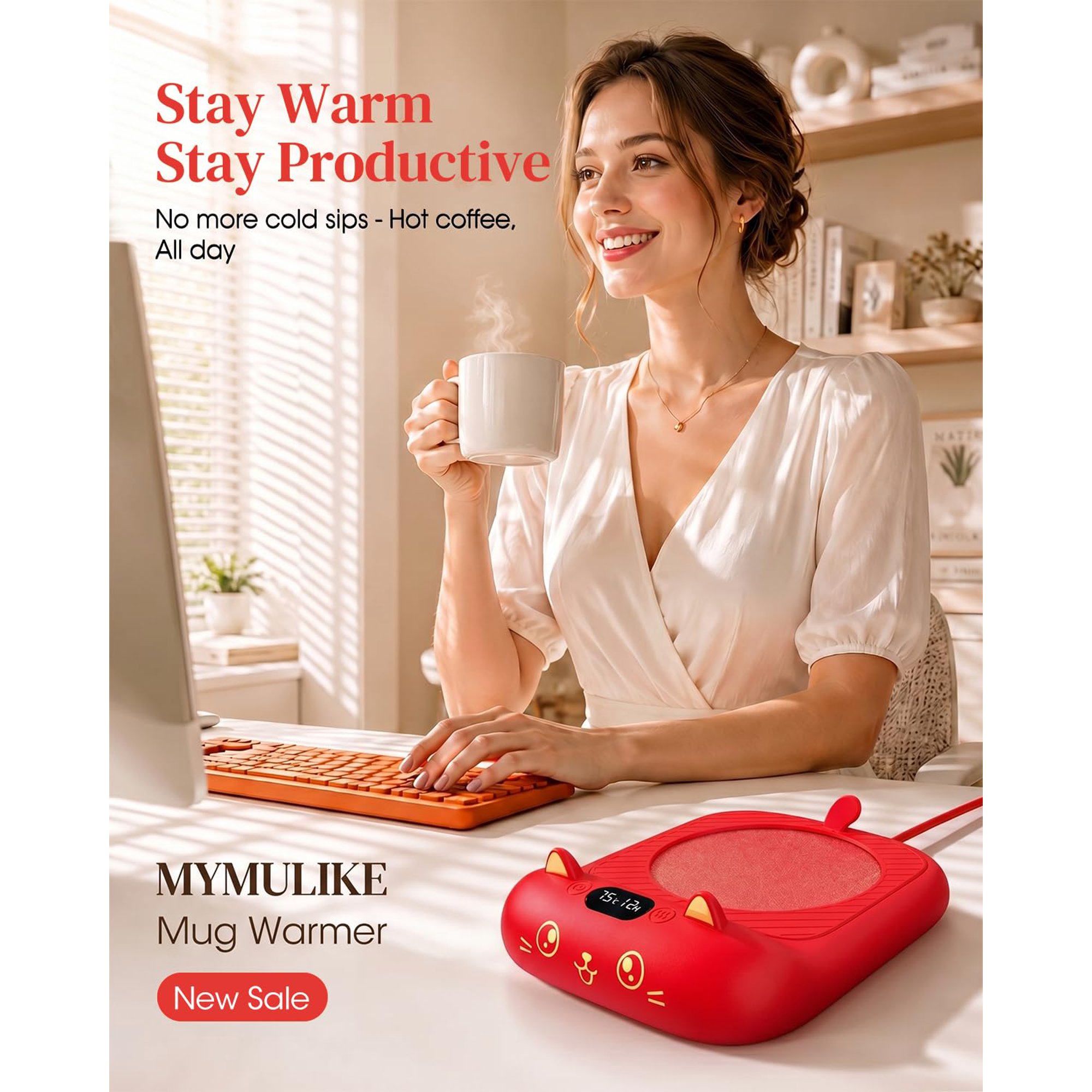 Vibrant Red Cat Mug Warmer - 4 Temp Settings Electric Beverage Warmer with Timer | Bold Coffee Accessories for Home, Office & Gifting