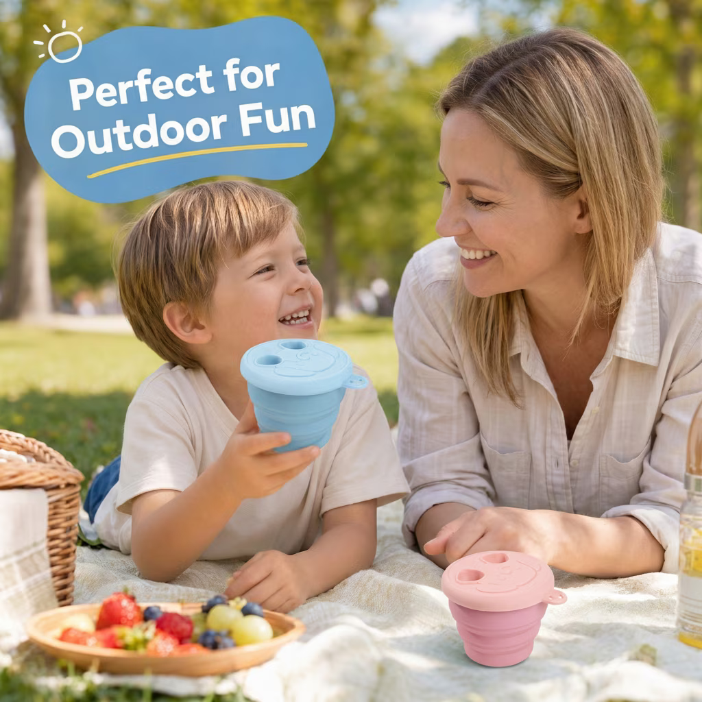 MYMULIKE 2Pack Silicone Snack Finger Container，2-in-1 No-Mess Foldable Food Container with Fingertip Cover for Travel Camping Outdoor Keep Hands Clean (Pink&Blue)
