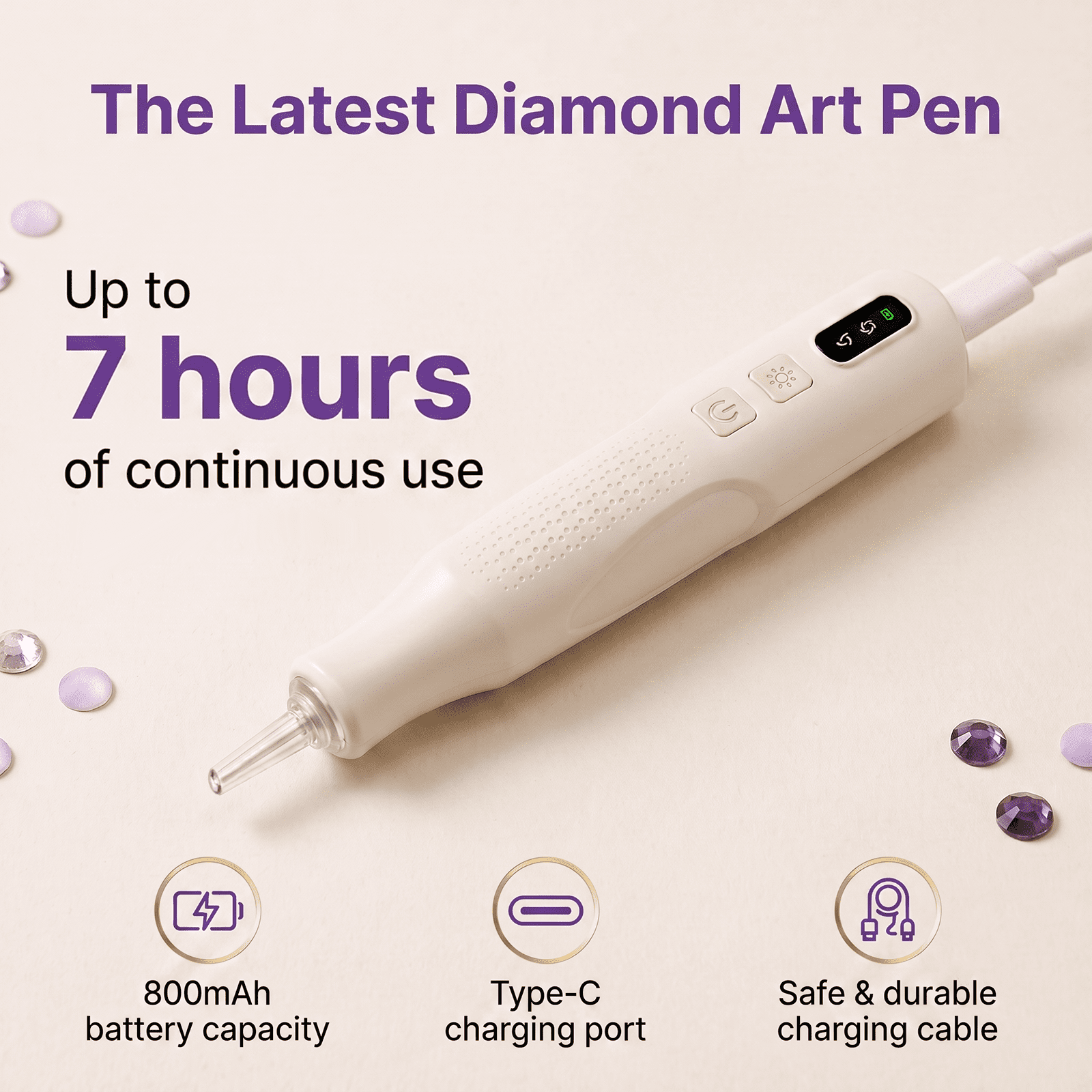 MYMULIKE White Rechargeable Diamond Art Drill Pen Kit, 2 Speed Electric Pen with Built-In Lighting for DIY Craft, Ideal Gift for Craft Lovers