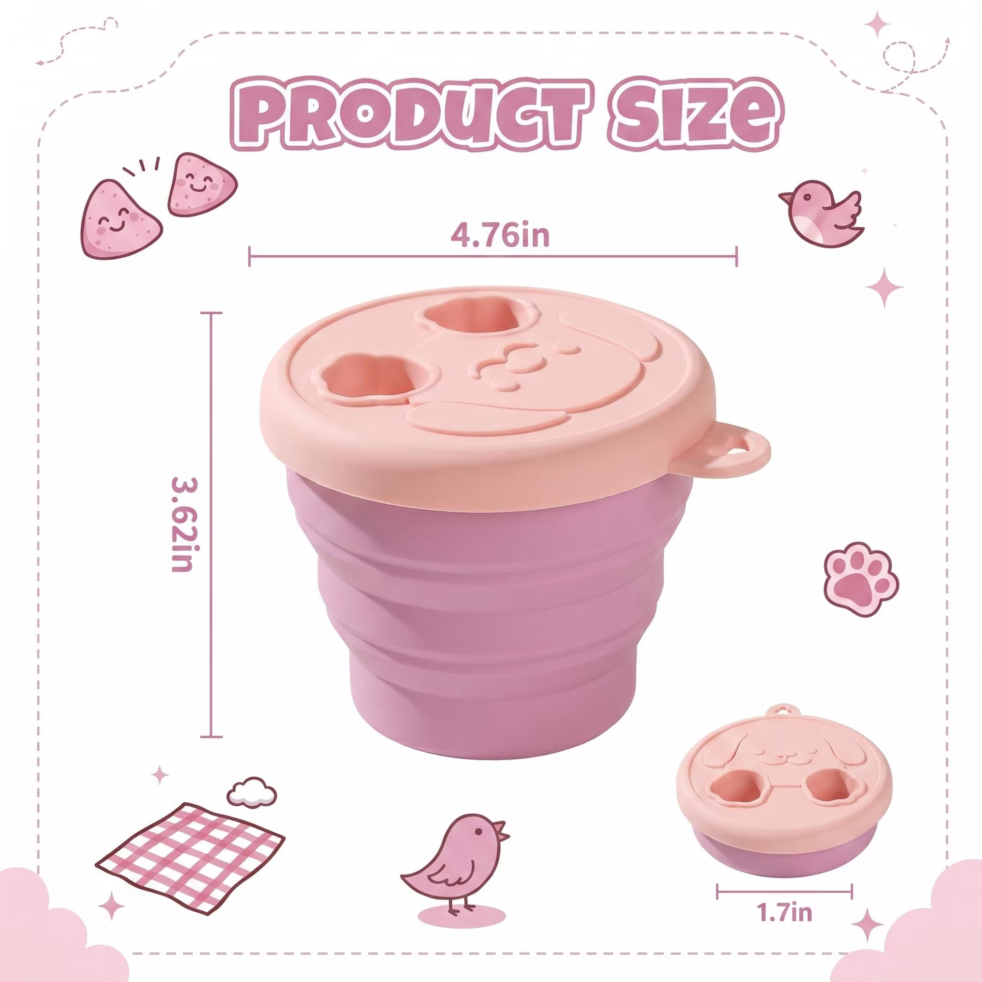 MYMULIKE Snack Finger Container, 2-in-1 No-Mess Snack Container with Fingertip Cover Portable Silicone Foldable Food Containers for Travel Camping Outdoor Keep Hands Clean (Pink)