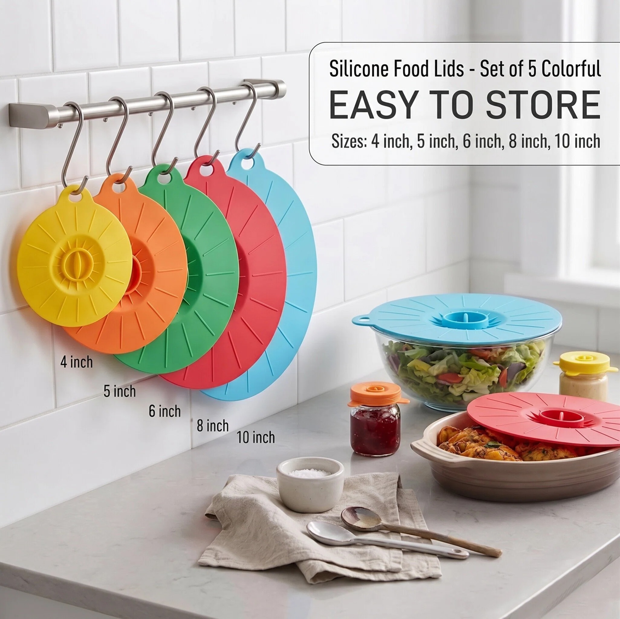 MYMULIKE 5 Pack Silicone Lids for Bowls, 5 Sizes 4-12 inch Reusable Airtight Food Silicone Covers, Kitchen Storage Accessories