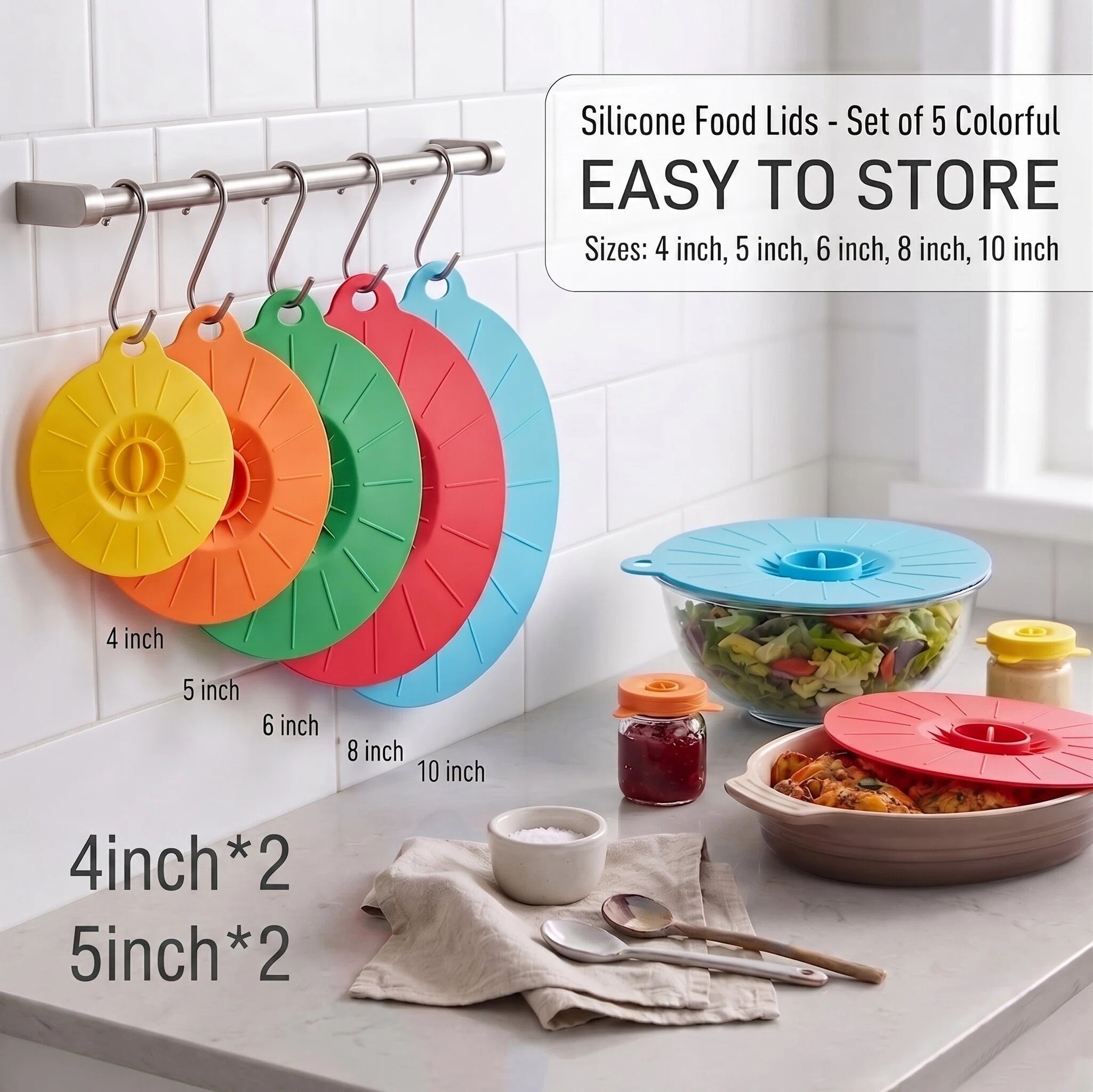 MYMULIKE 7 Pack Silicone Lids for Bowls, 5 Sizes 4-10 inch Reusable Airtight Food Silicone Covers, Kitchen Storage Accessories