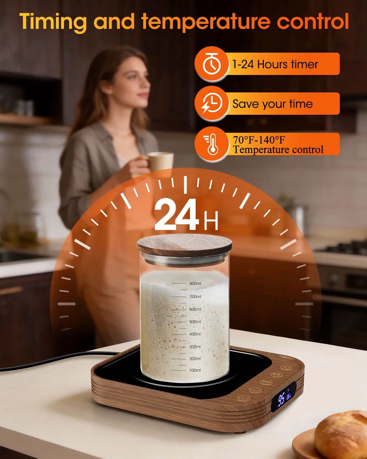MYMULIKE Sourdough Starter Warmer Mat, 24H Timer & Memory Function, 1°F Thermostat Control 70-140°F for Home Bread Baking, Wood Grain