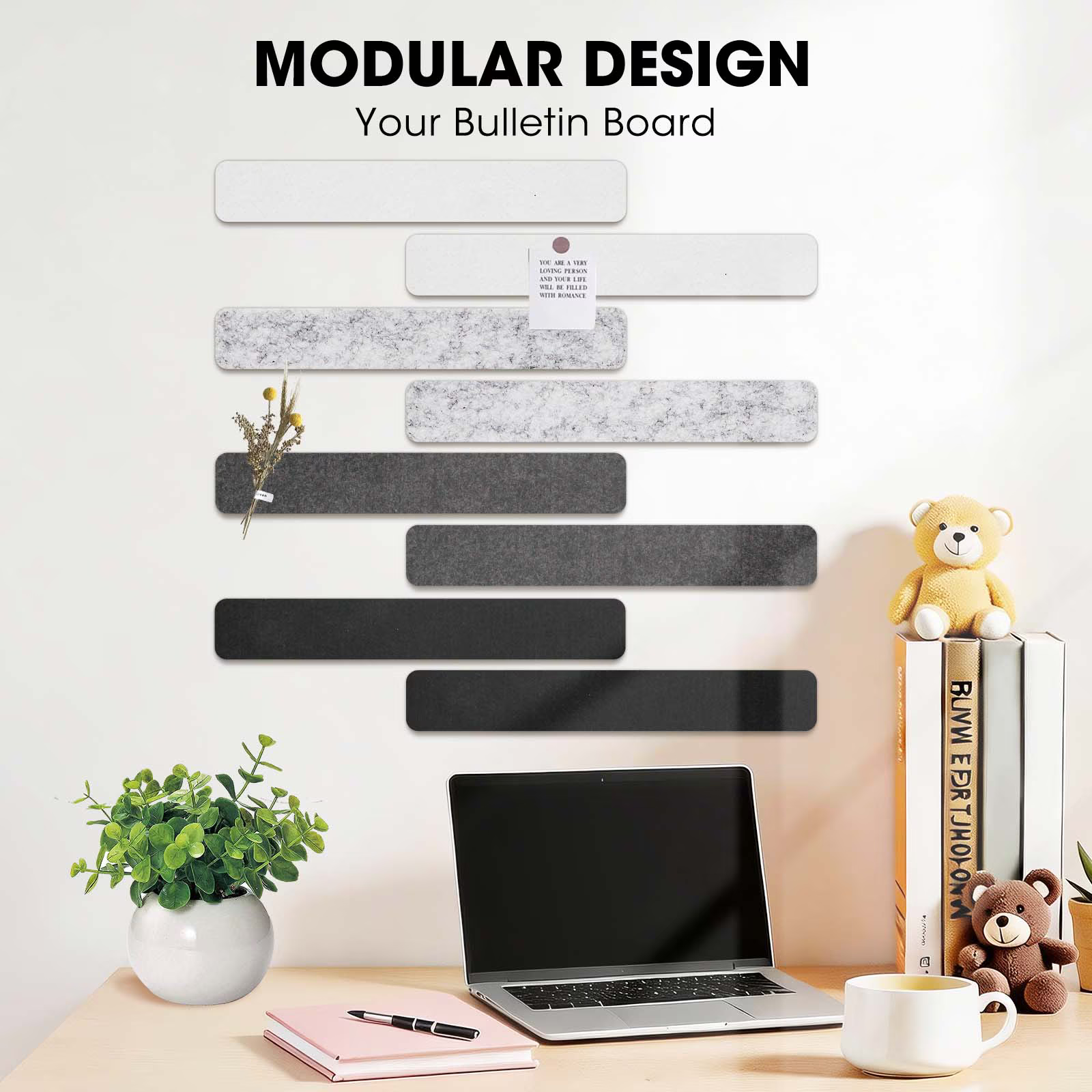 Cork Board Alternative Felt Strip Board 8-Pack 13"x2", Office Pin Board with 40 Push Pins, Adhesive Install for Bedroom Door & Home Office(Concrete Echo)