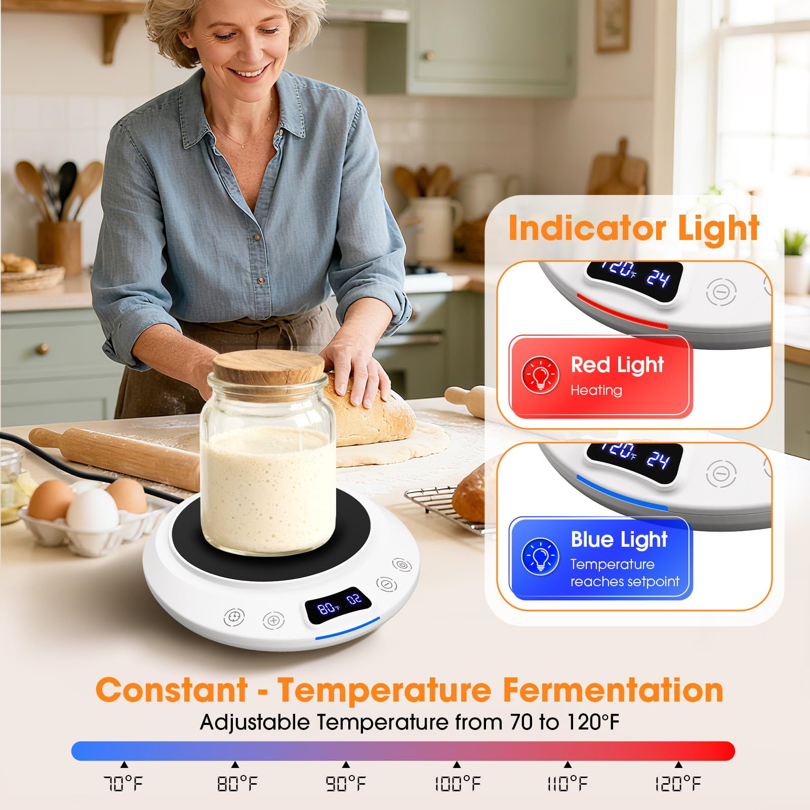 Sourdough Starter Warmer Mat, Precise 1°F Thermostat Control (70-100°F) Sourdough Starter Warme Mat, Warmer for Sourdough Starter, 0-24h Timer, Auto On/Off, Memory Function (White)