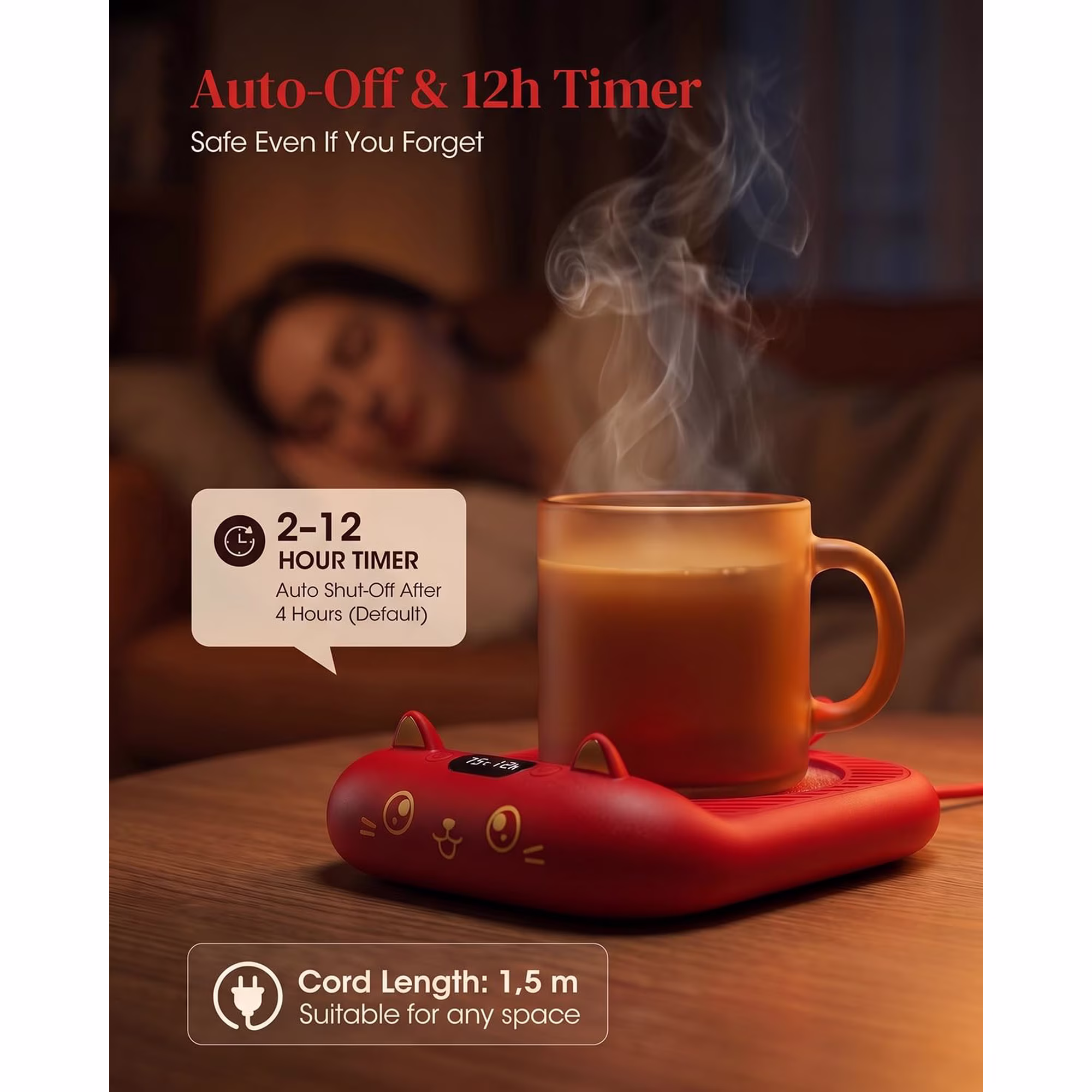 Vibrant Red Cat Mug Warmer - 4 Temp Settings Electric Beverage Warmer with Timer | Bold Coffee Accessories for Home, Office & Gifting