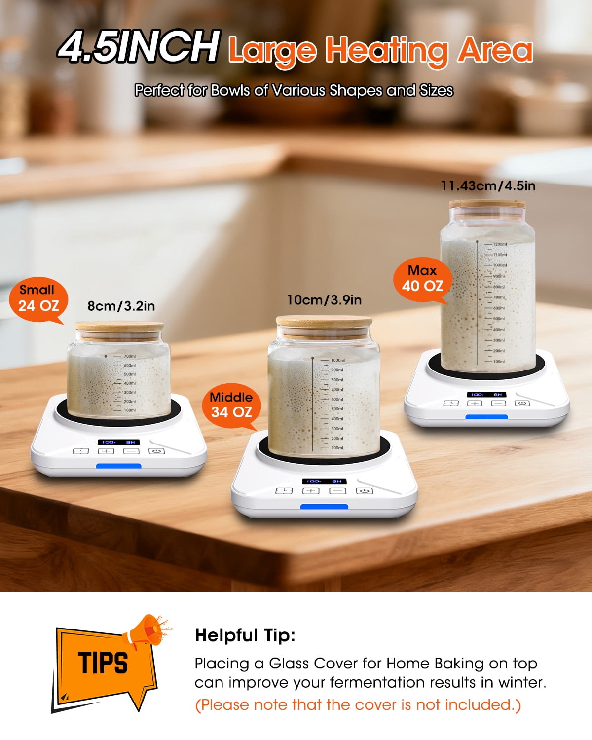 Sourdough Starter Warmer Mat, 24-Hour Timer, Precise 1°F Thermostat Control (70-100°F), Smart Memory Warming On/Off, Fits Jars Up to 40oz, Perfect for Home Baking (White)