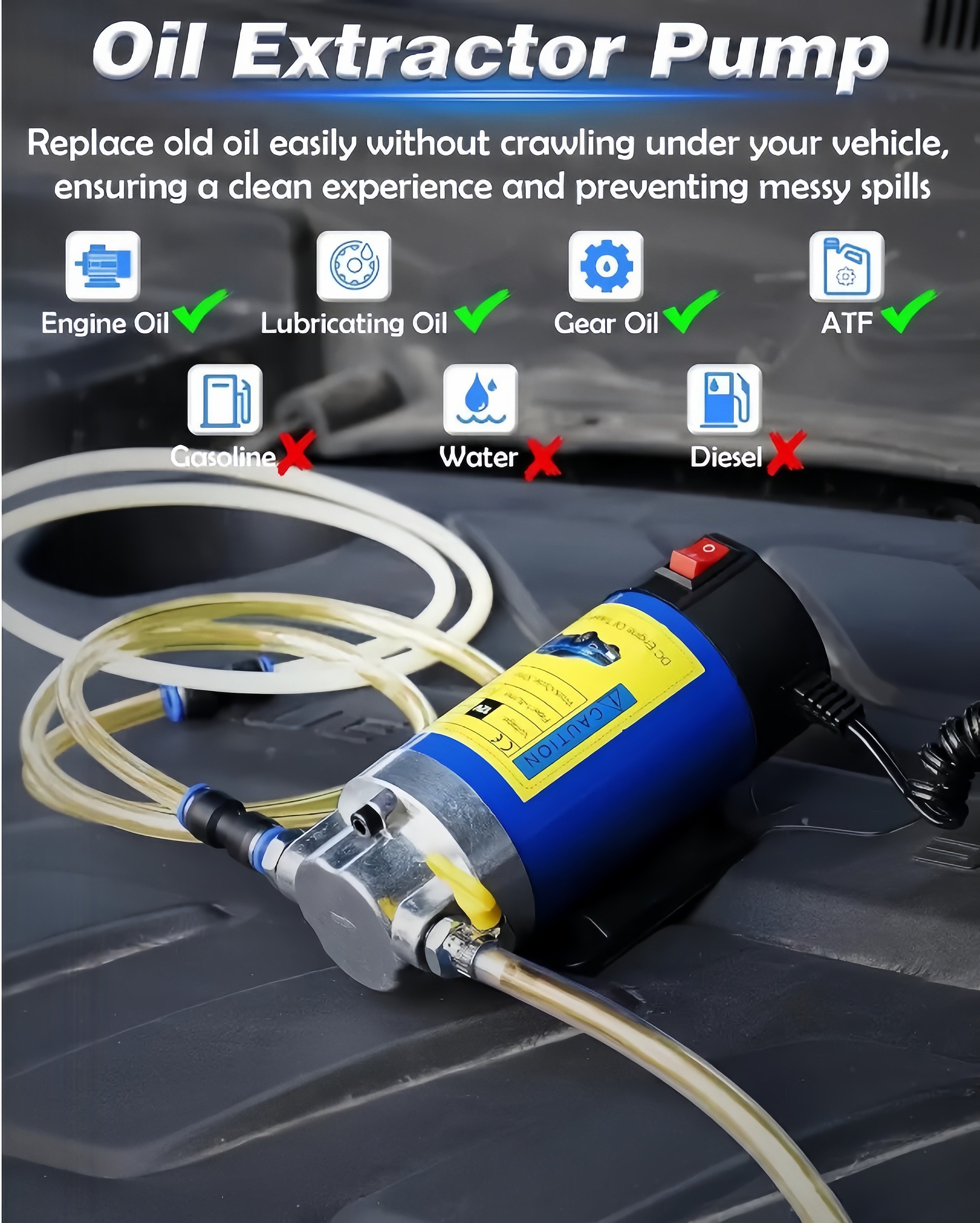 12V 24V 100W oil extractor pump with tubes shown on an engine bay