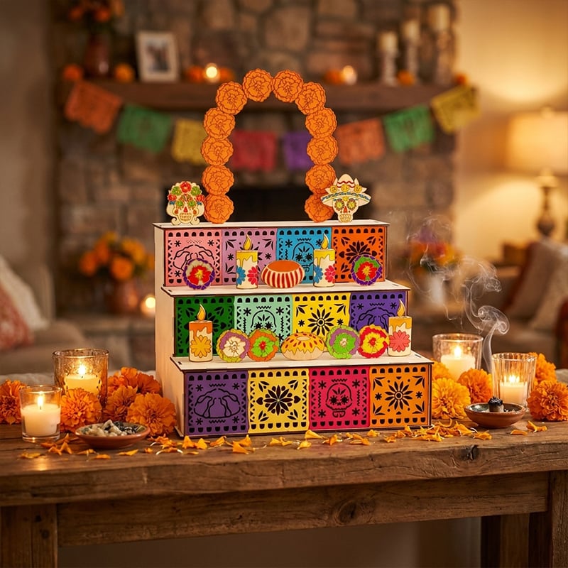3-Tier Día de los Muertos Wooden Altar Display Stand