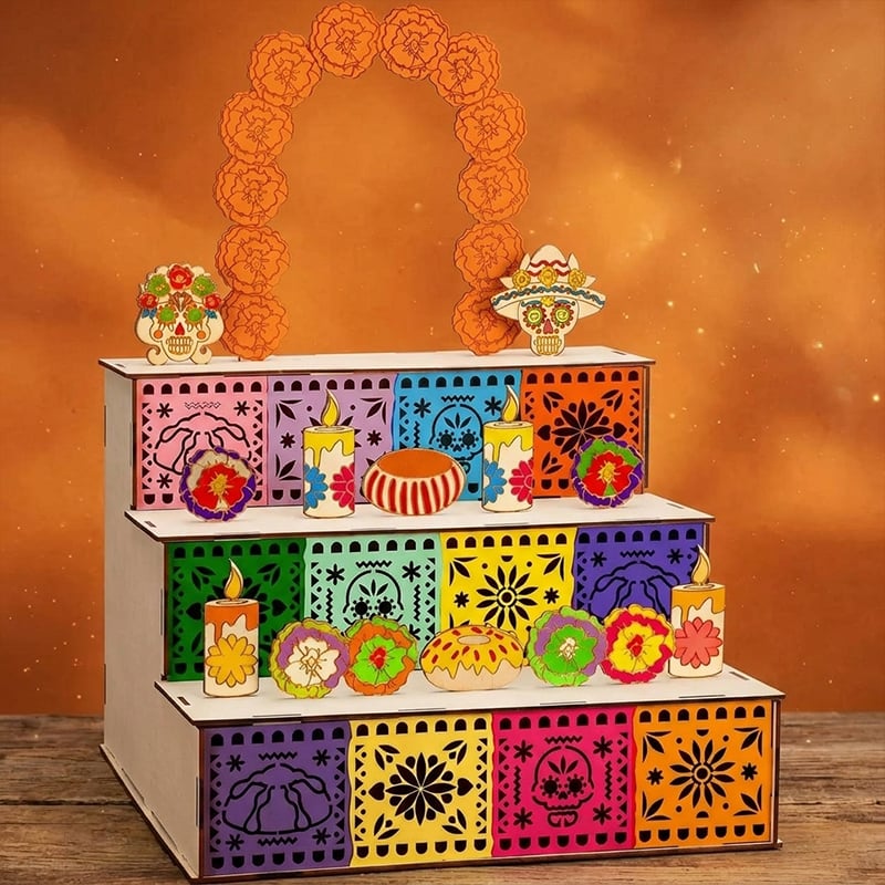 3-Tier Día de los Muertos Wooden Altar Display Stand