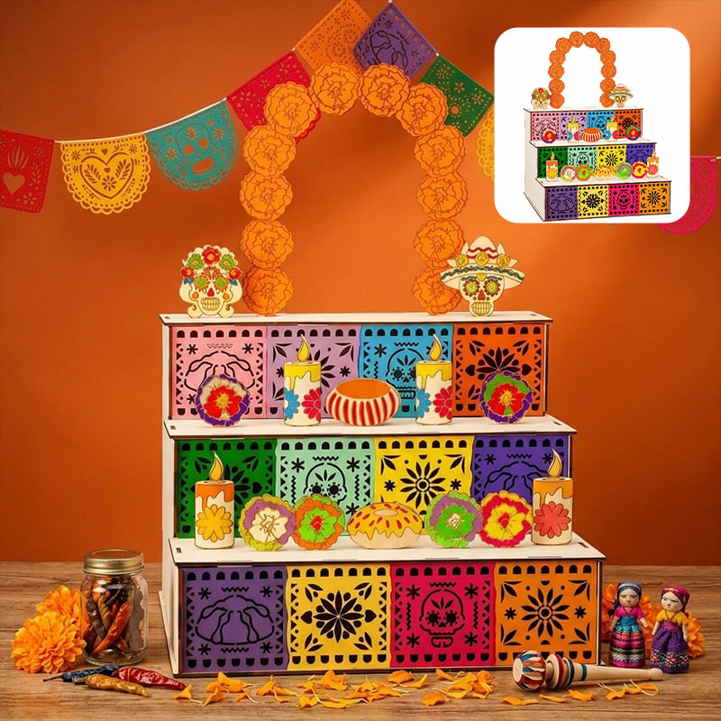 3-Tier Día de los Muertos Wooden Altar Display Stand