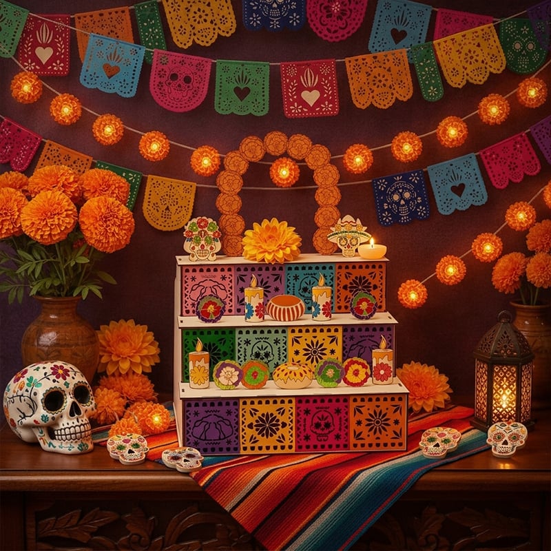 3-Tier Día de los Muertos Wooden Altar Display Stand