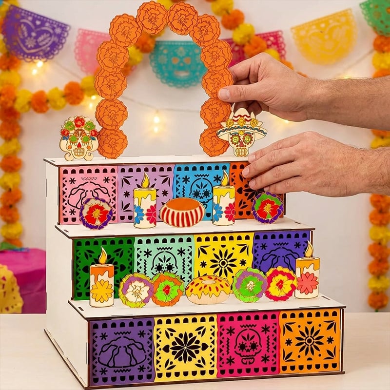 3-Tier Día de los Muertos Wooden Altar Display Stand