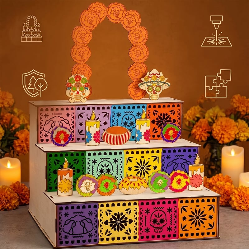 3-Tier Día de los Muertos Wooden Altar Display Stand