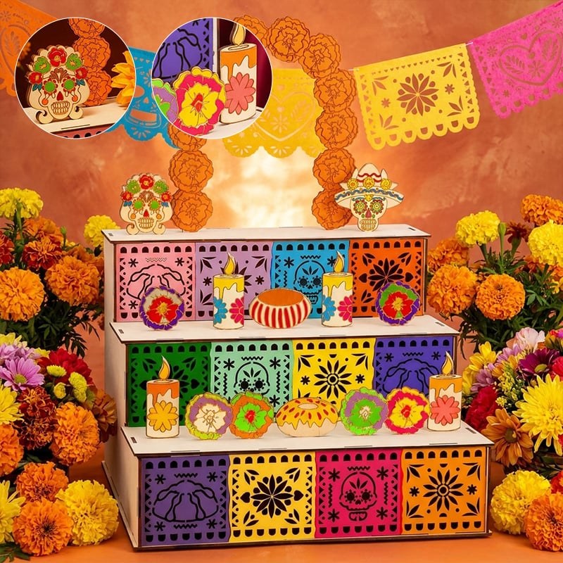 3-Tier Día de los Muertos Wooden Altar Display Stand