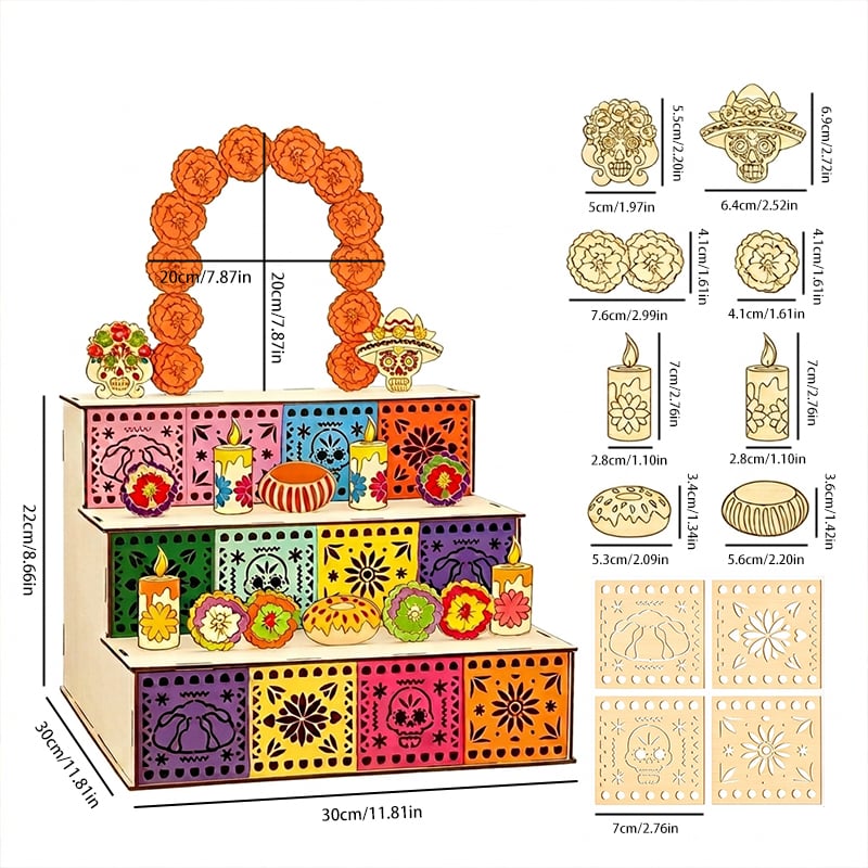 3-Tier Día de los Muertos Wooden Altar Display Stand