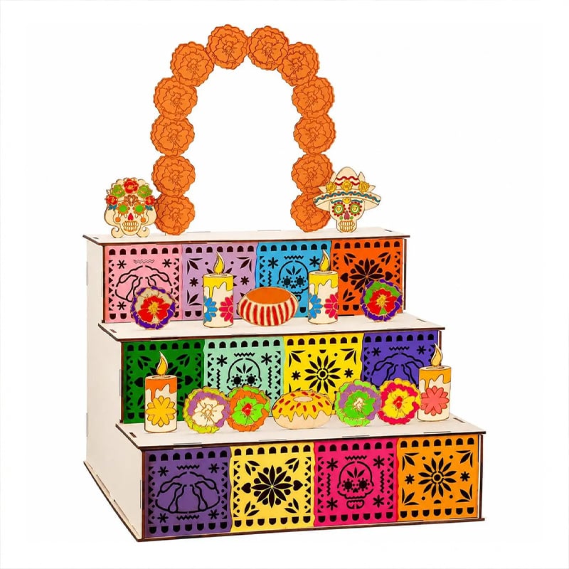 3-Tier Día de los Muertos Wooden Altar Display Stand