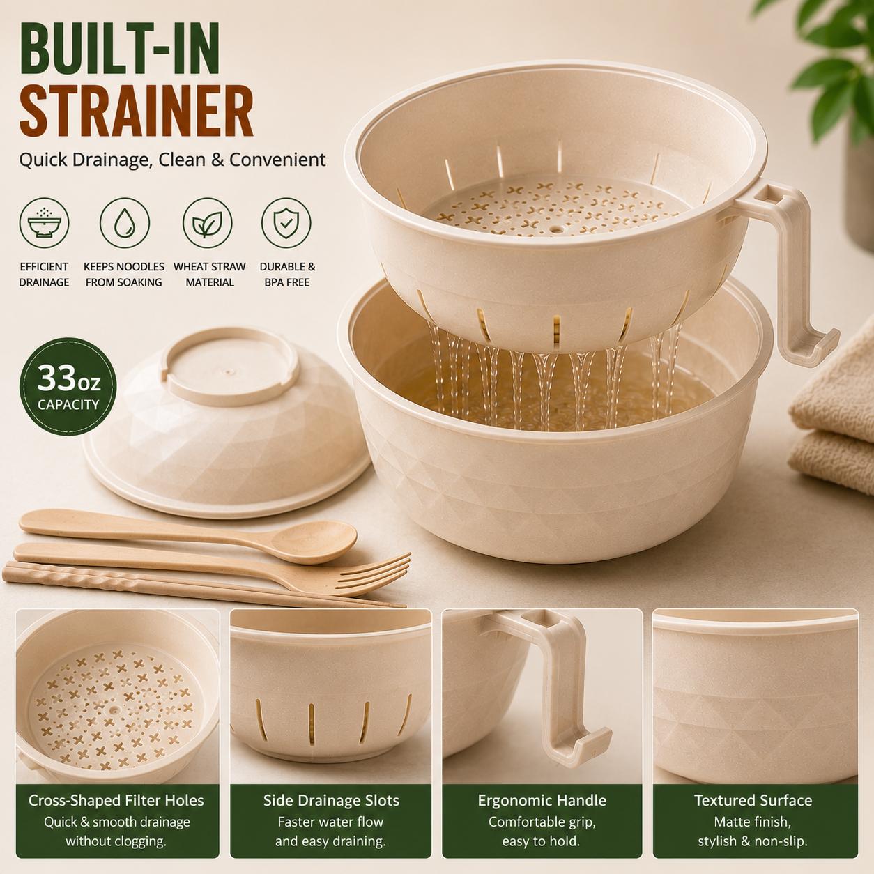 MIUVA 6-Piece Wheat Straw Ramen Bowl Set - 2 Sizes, Handle, Cutlery (Spoon, Fork, Chopsticks), Microwave-Safe, Easy Use, Modern Containers for Noodles Soups, Dorms, Christmas Gifts