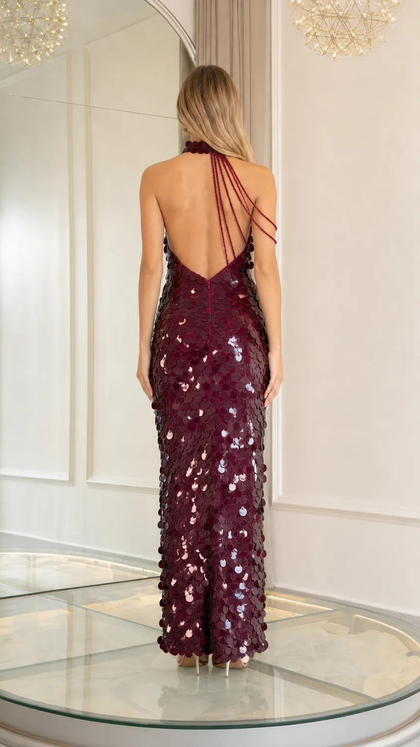 Halter Neck Sequin Paillette Backless Maxi Dress with Beaded Shoulder Drapes