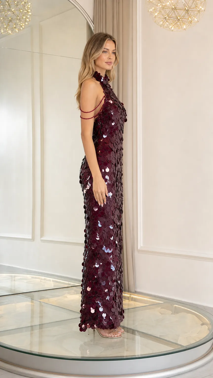 Halter Neck Sequin Paillette Backless Maxi Dress with Beaded Shoulder Drapes