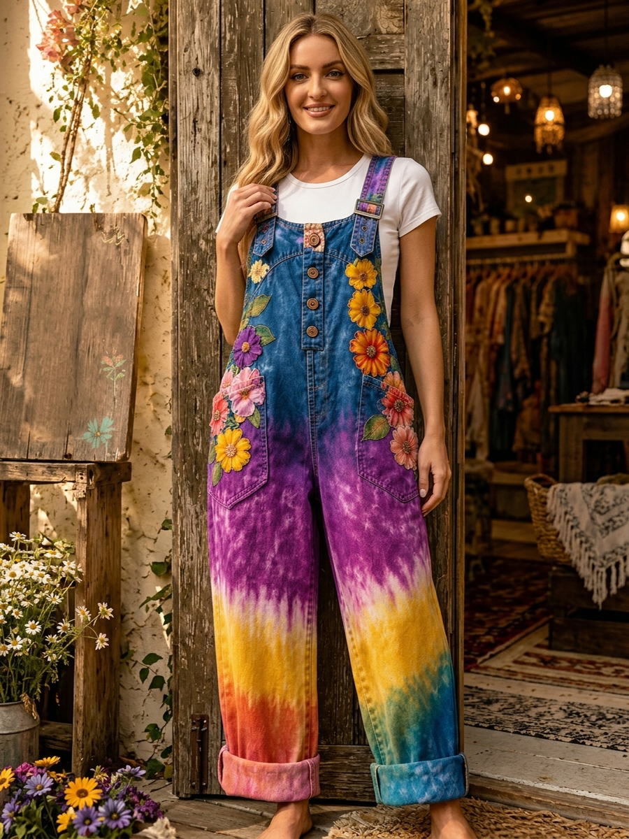 Women's Retro Style Art Print Washed Cotton Denim Patchwork Jumpsuit