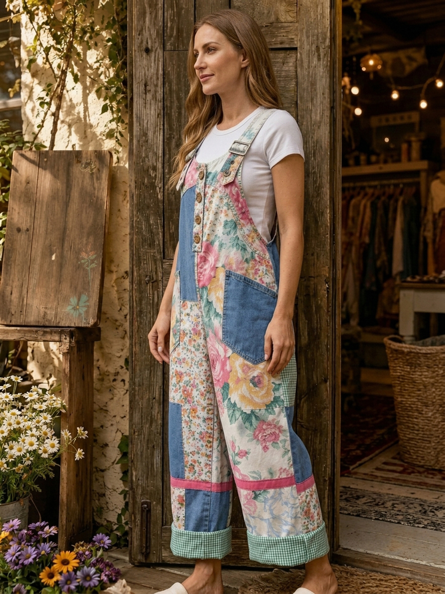 Women's Retro Style Art Print Washed Cotton Denim Patchwork Jumpsuit