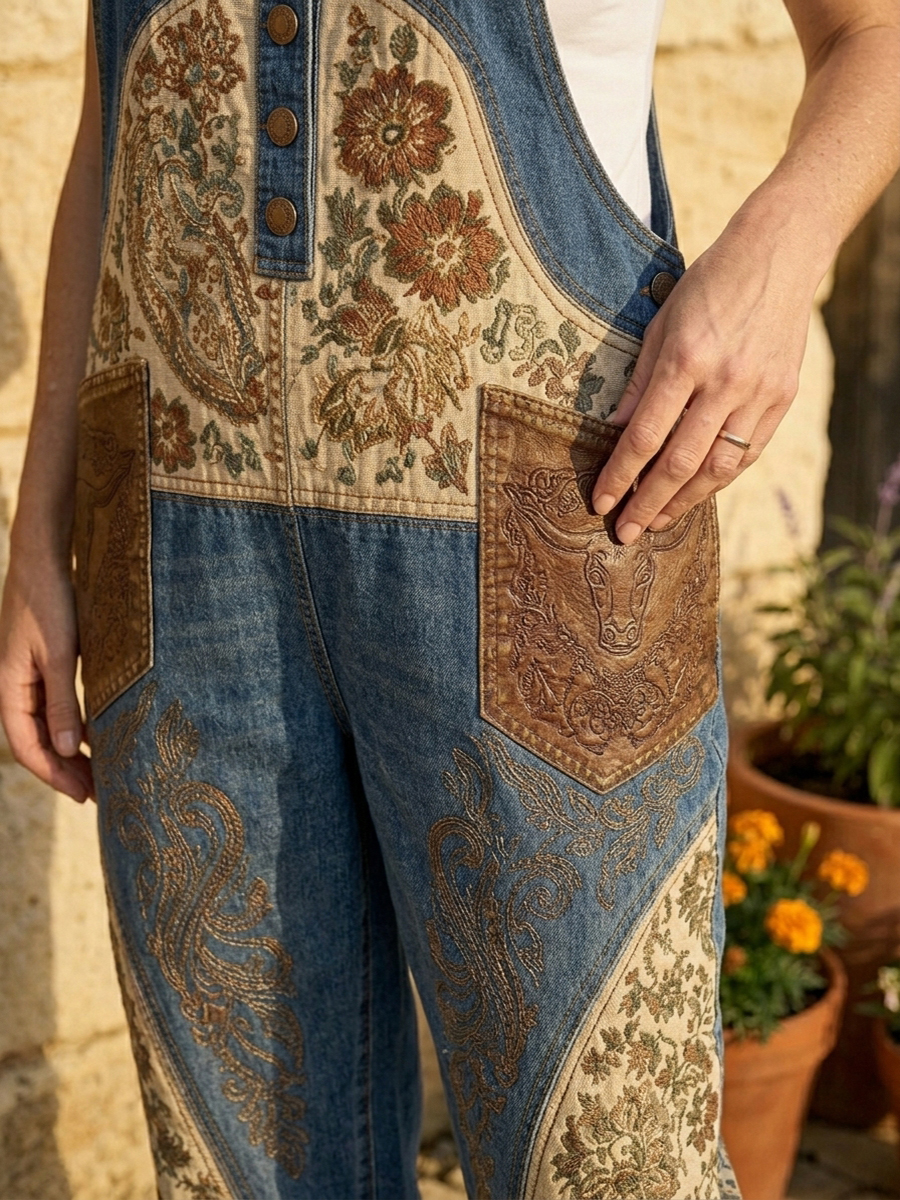 Women's Retro Art Print Denim Patchwork Jumpsuit