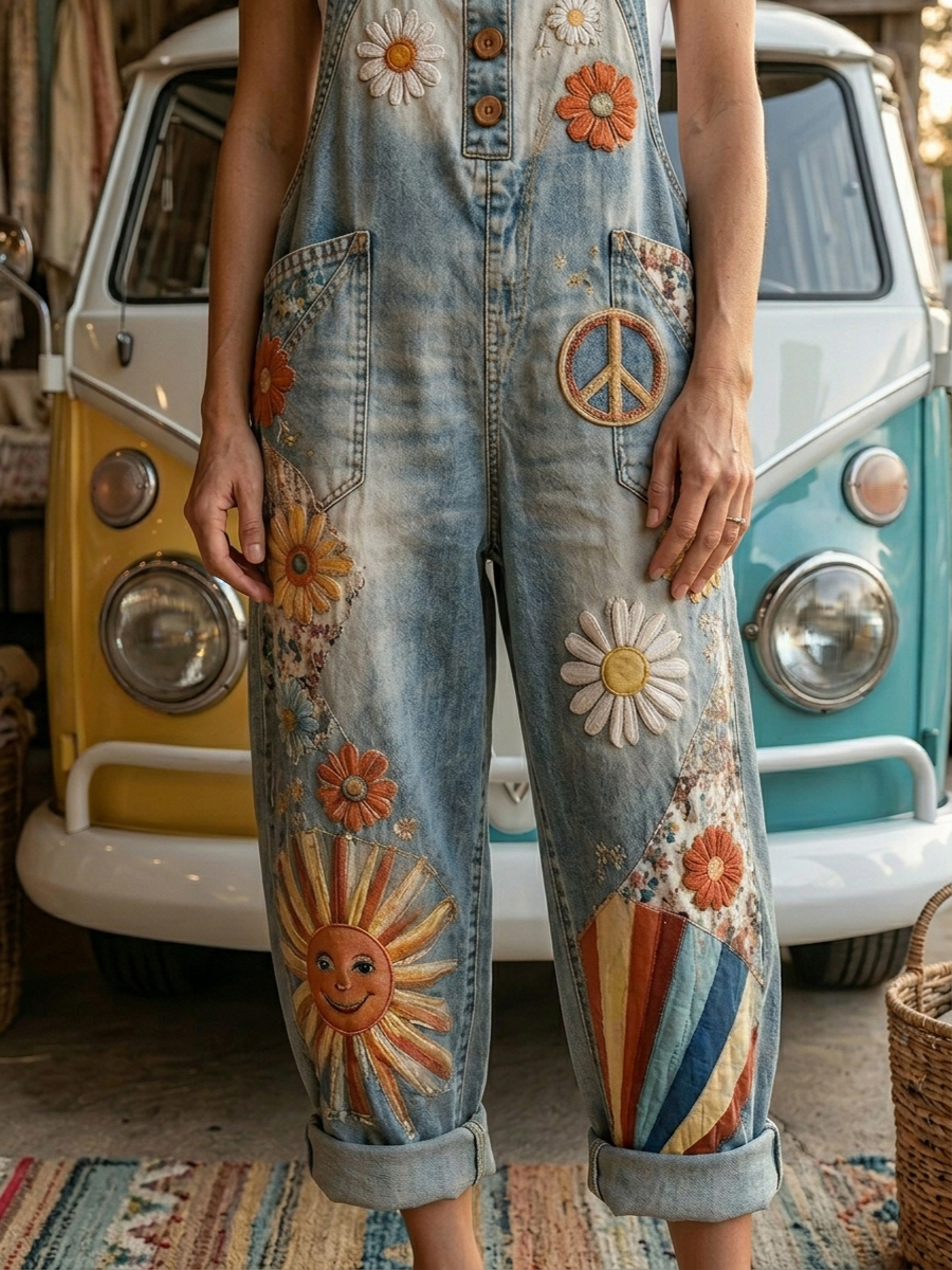 Women's Retro Style Art Print Washed Cotton Denim Patchwork Jumpsuit