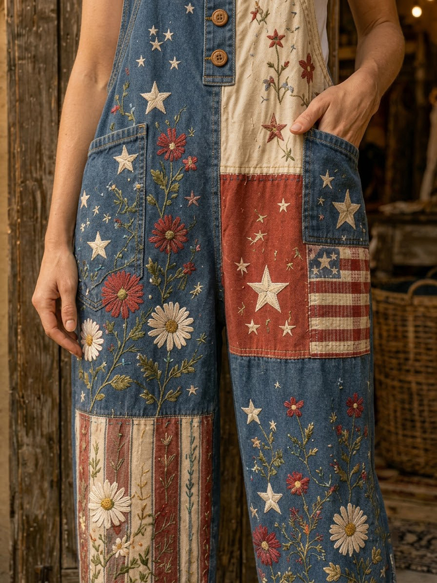 Women's Retro Style Art Print Denim Patchwork Jumpsuit