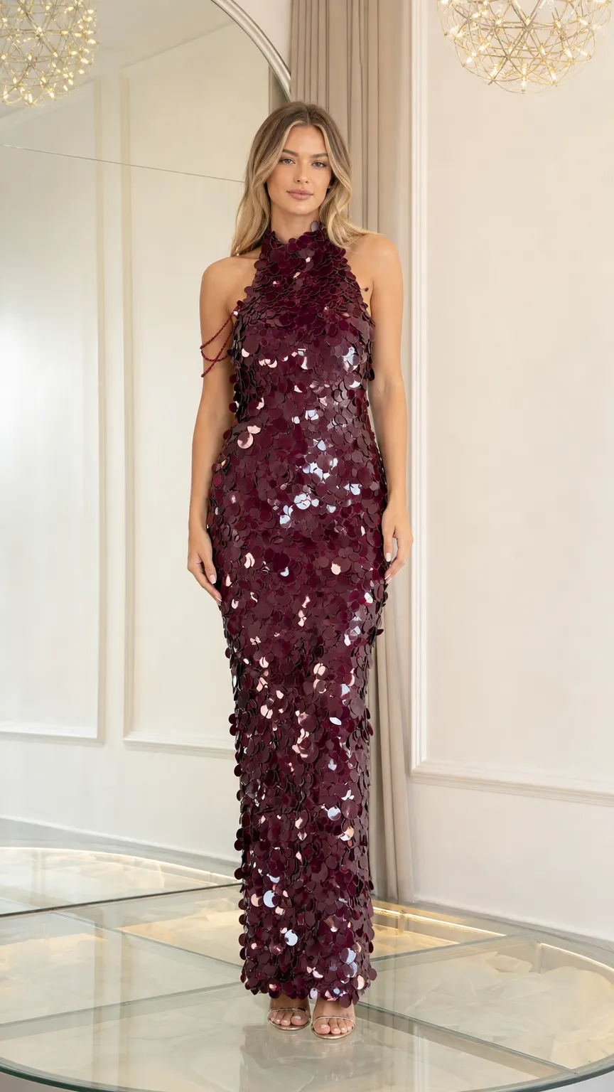 Halter Neck Sequin Paillette Backless Maxi Dress with Beaded Shoulder Drapes
