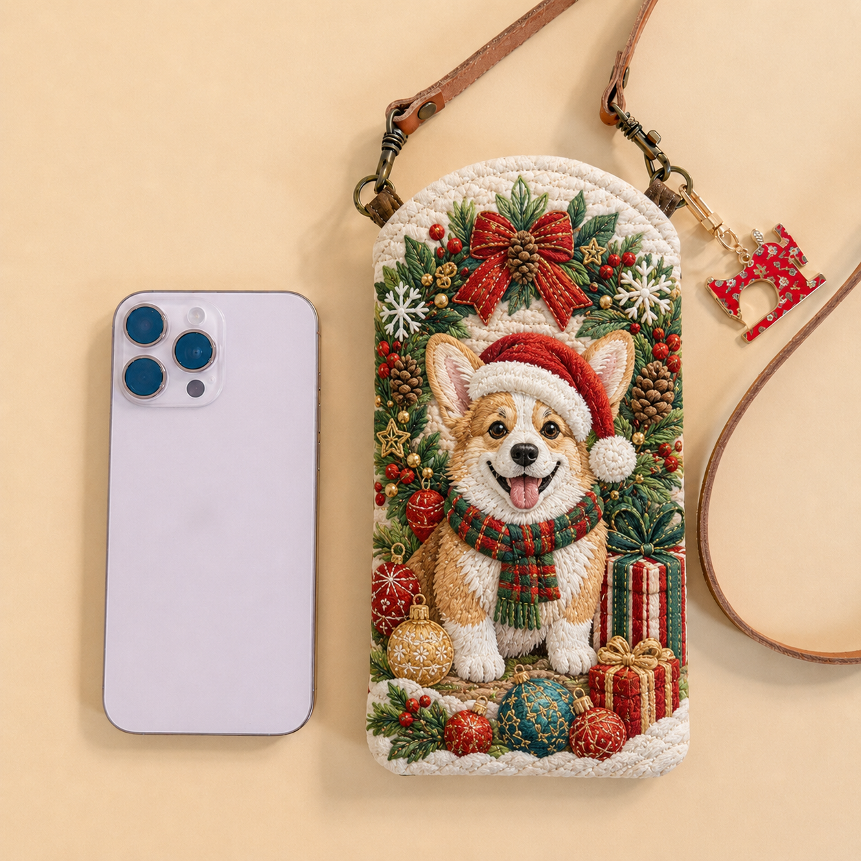 Santa Corgi Christmas Wreath Quilted Slim Phone Crossbody Bag