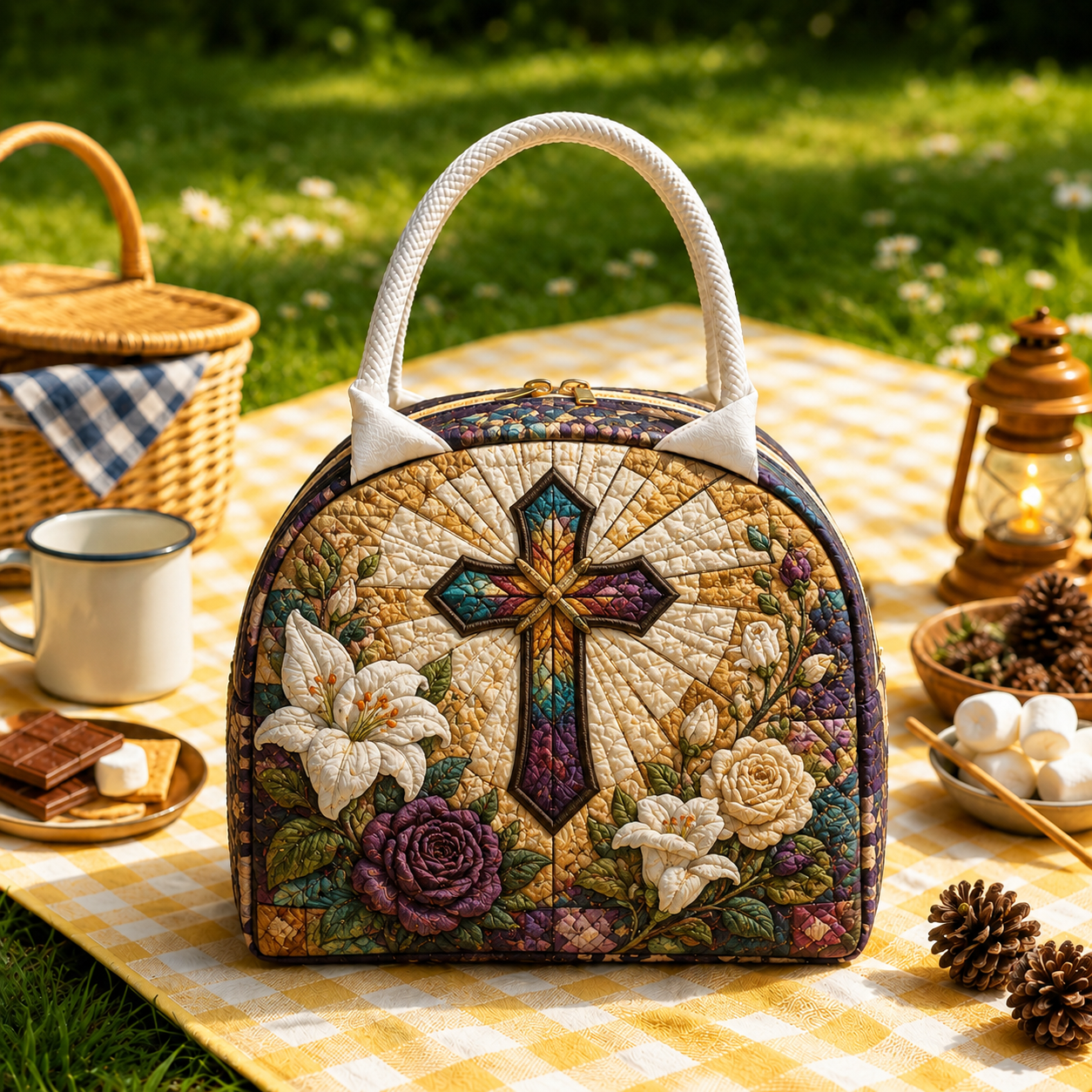 Stained Glass Cross Quilted Lunch Bag