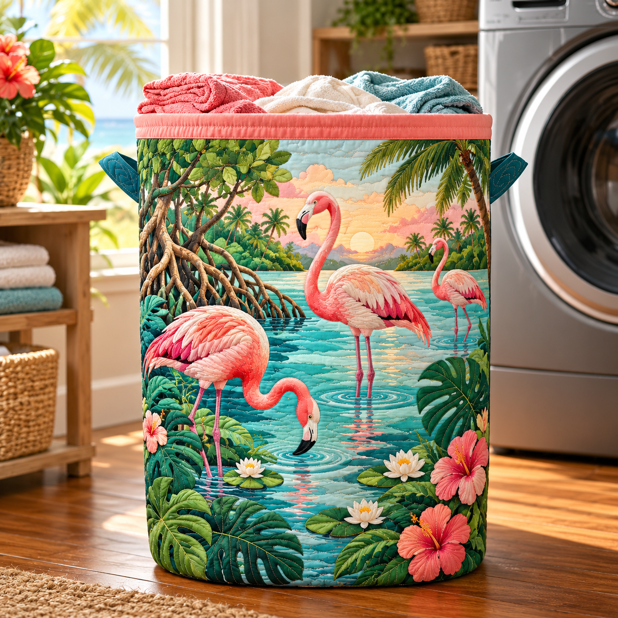 Flamingo Tropical Lagoon Quilted Laundry Basket