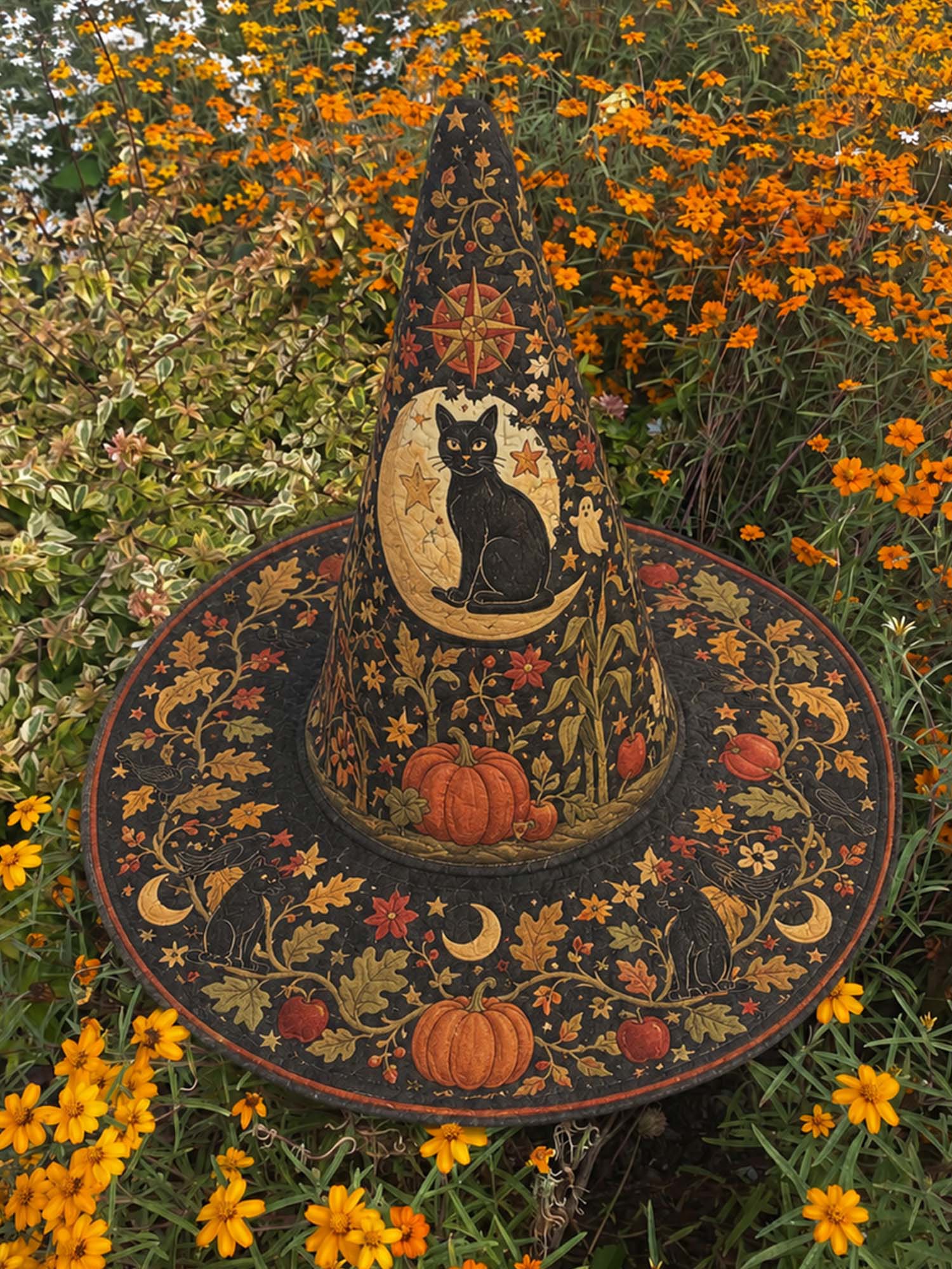 Black Cat Pumpkin Celestial Quilted Witch Hat