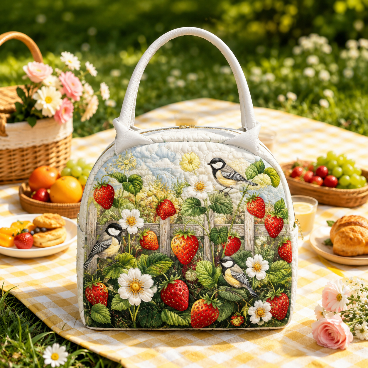 Strawberry Garden Bird Quilted Lunch Bag