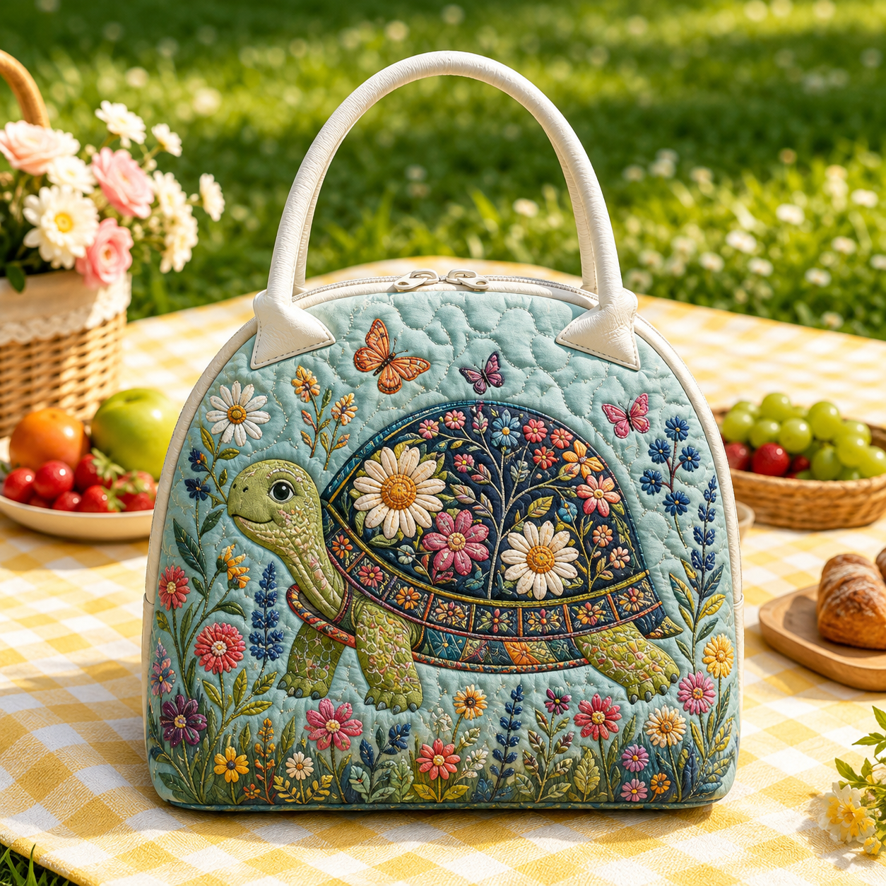 Wildflower Turtle Meadow Quilted Lunch Bag