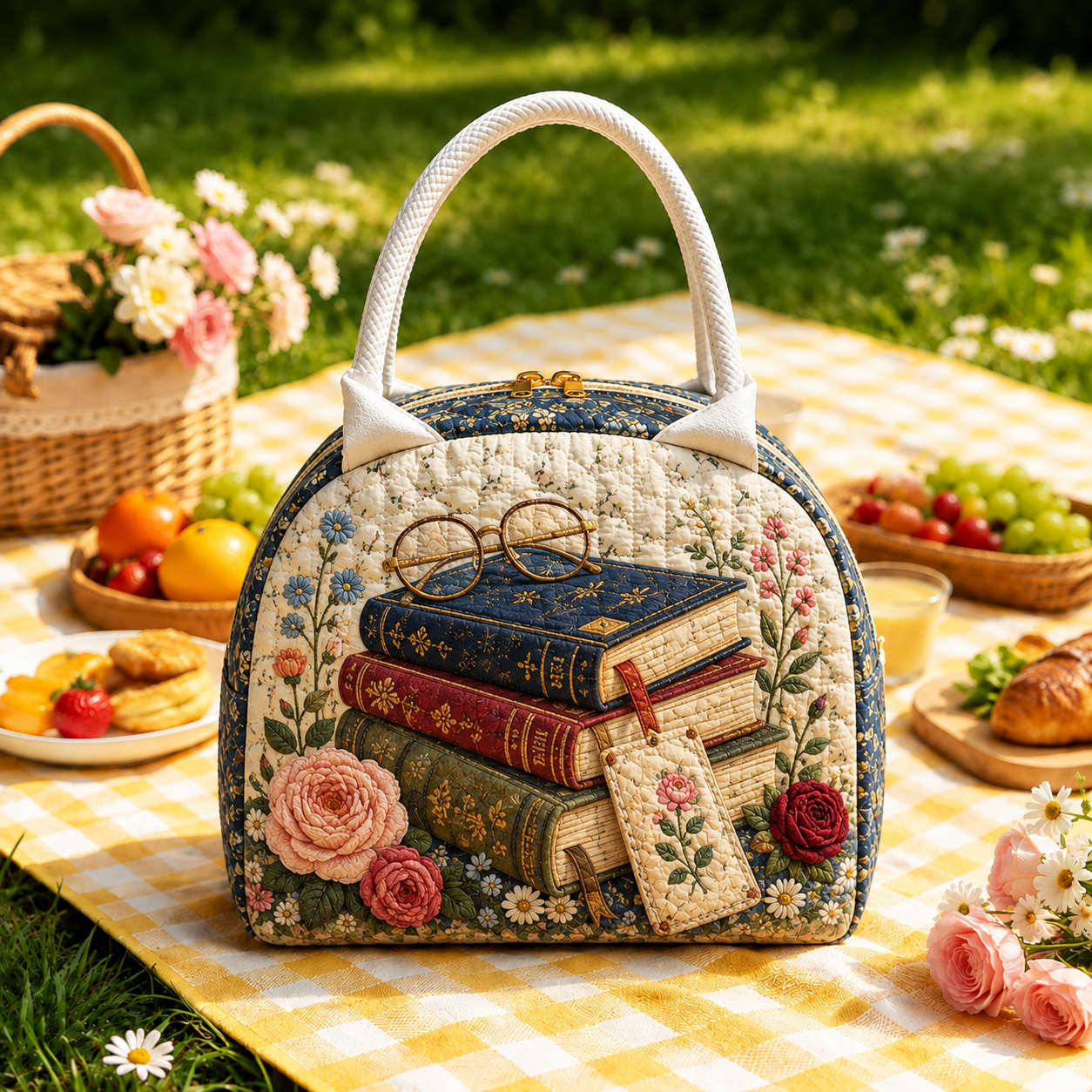 Vintage Books & Glasses Quilted Lunch Bag