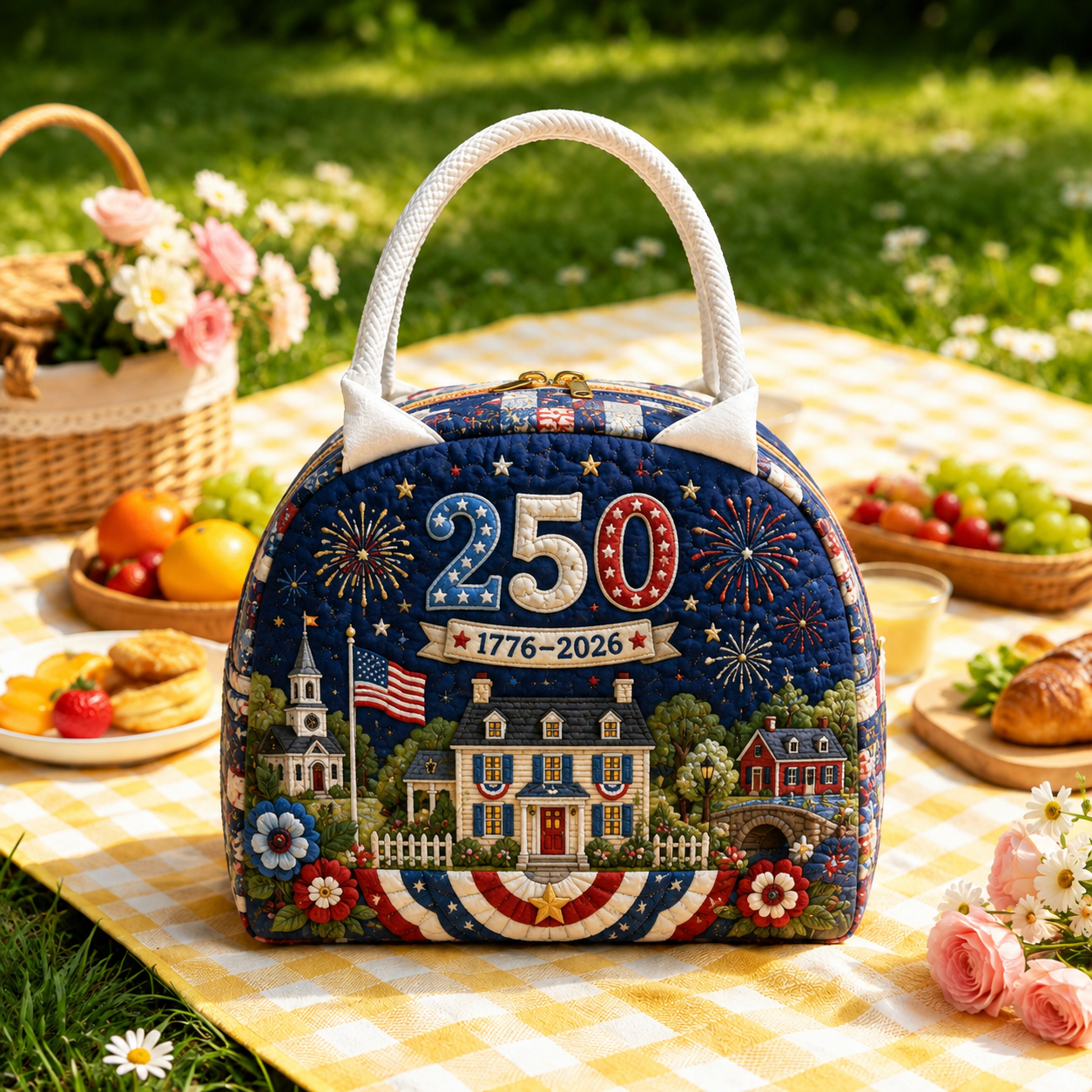 Americana Village Fireworks Quilted Lunch Bag