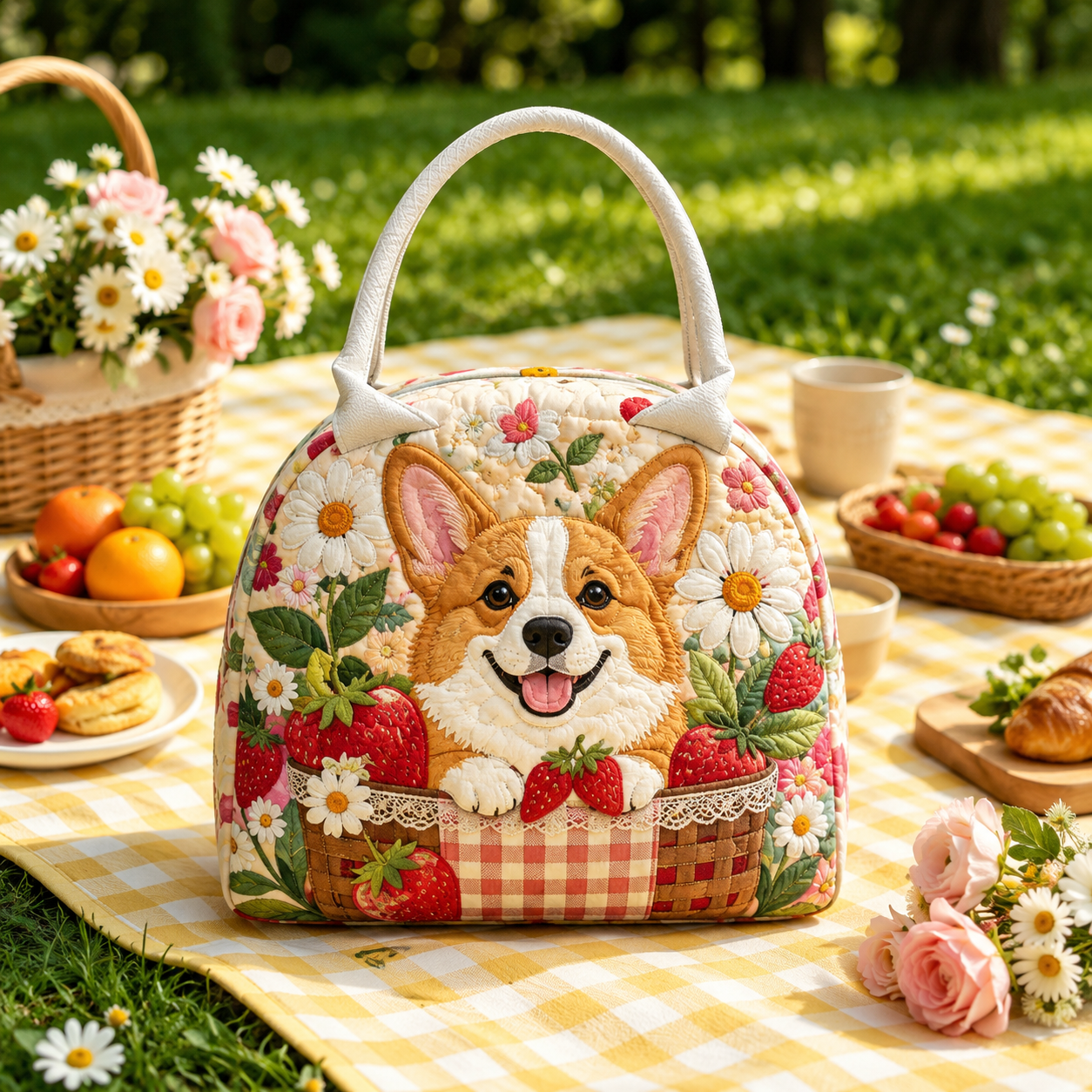 Strawberry Corgi Quilted Lunch Bag