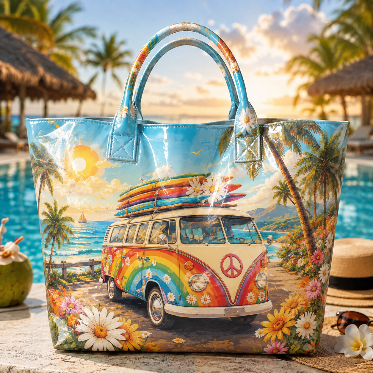 Retro Surf Van Summer PVC Beach Tote Bag