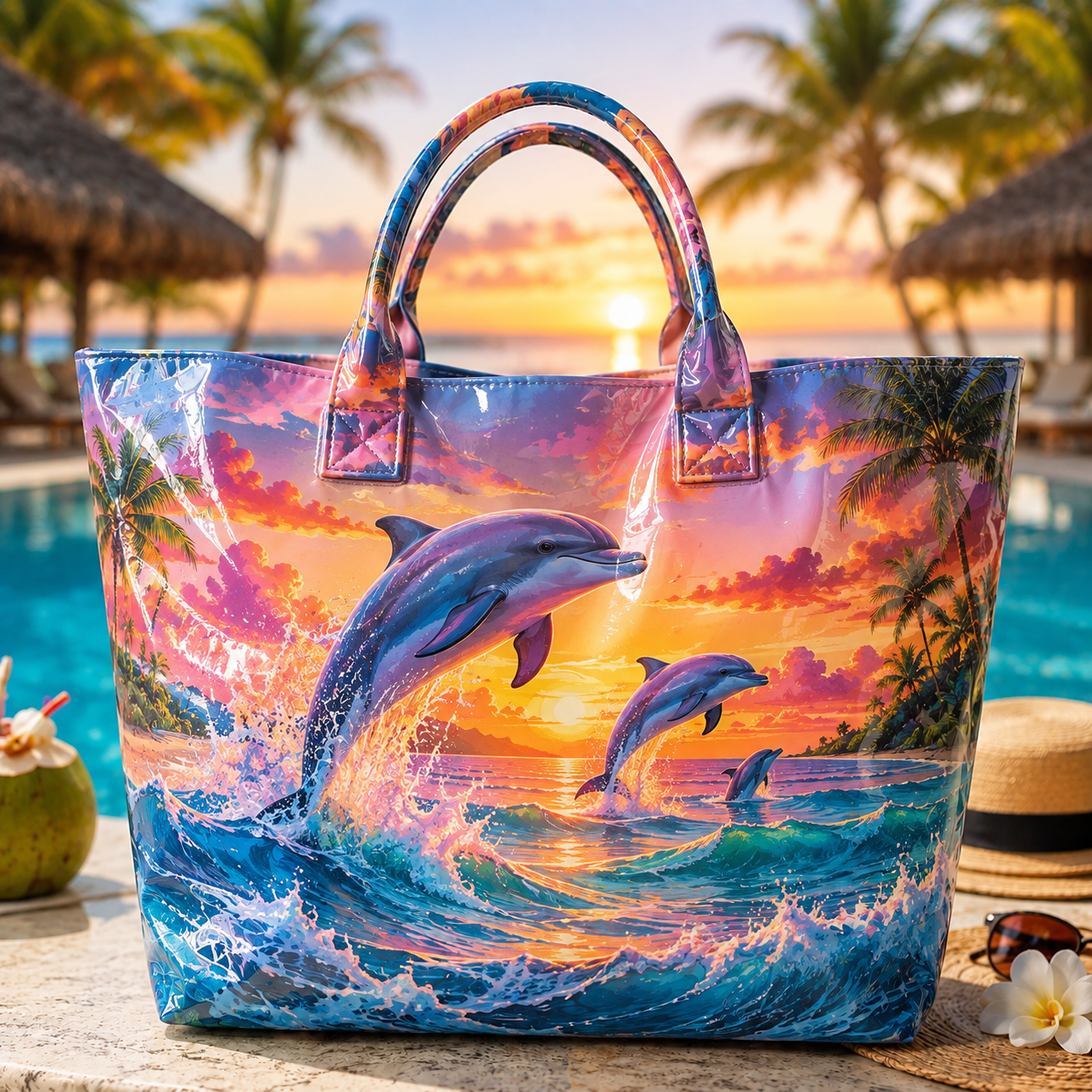 Dolphin Sunset Beach Ocean PVC Tote Bag