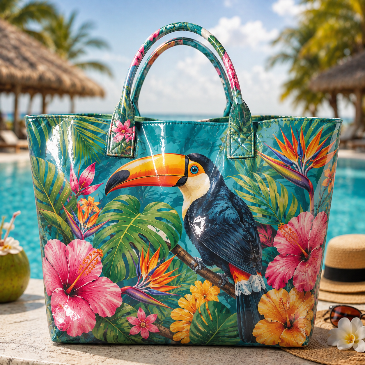Toucan Tropical Floral Summer PVC Tote Bag
